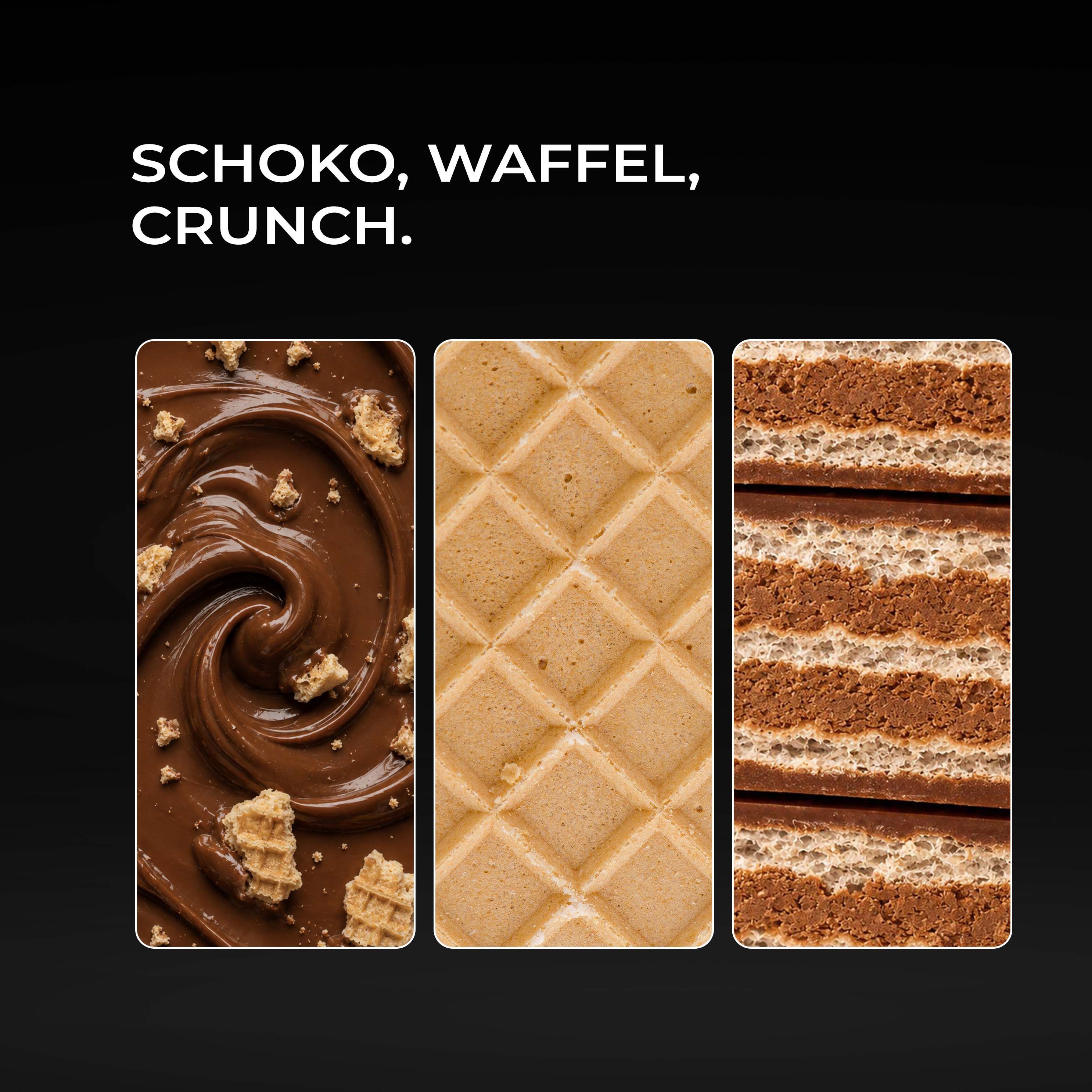 Textur-Detailaufnahmen: Schokolade, Waffel und Schichtaufbau des Neosupps NeoBite Riegels.