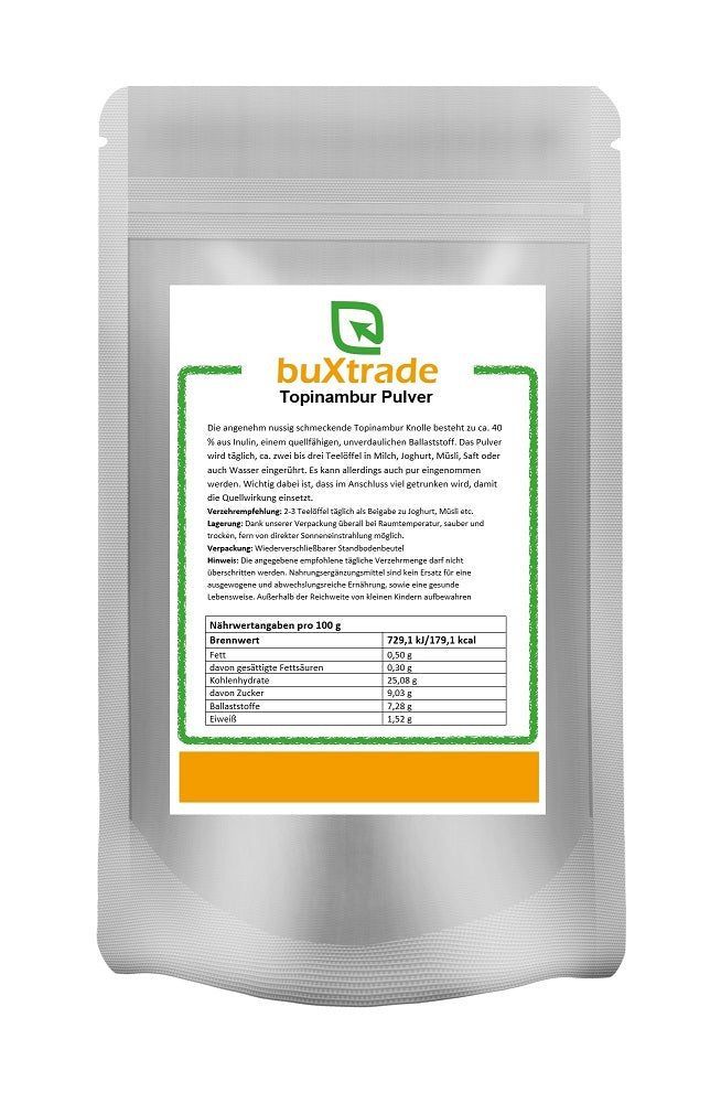 Beutel mit buXtrade Topinambur Pulver. Aufdruck mit Nährwertangaben. Grün-weißes Etikett mit Produktinformationen.