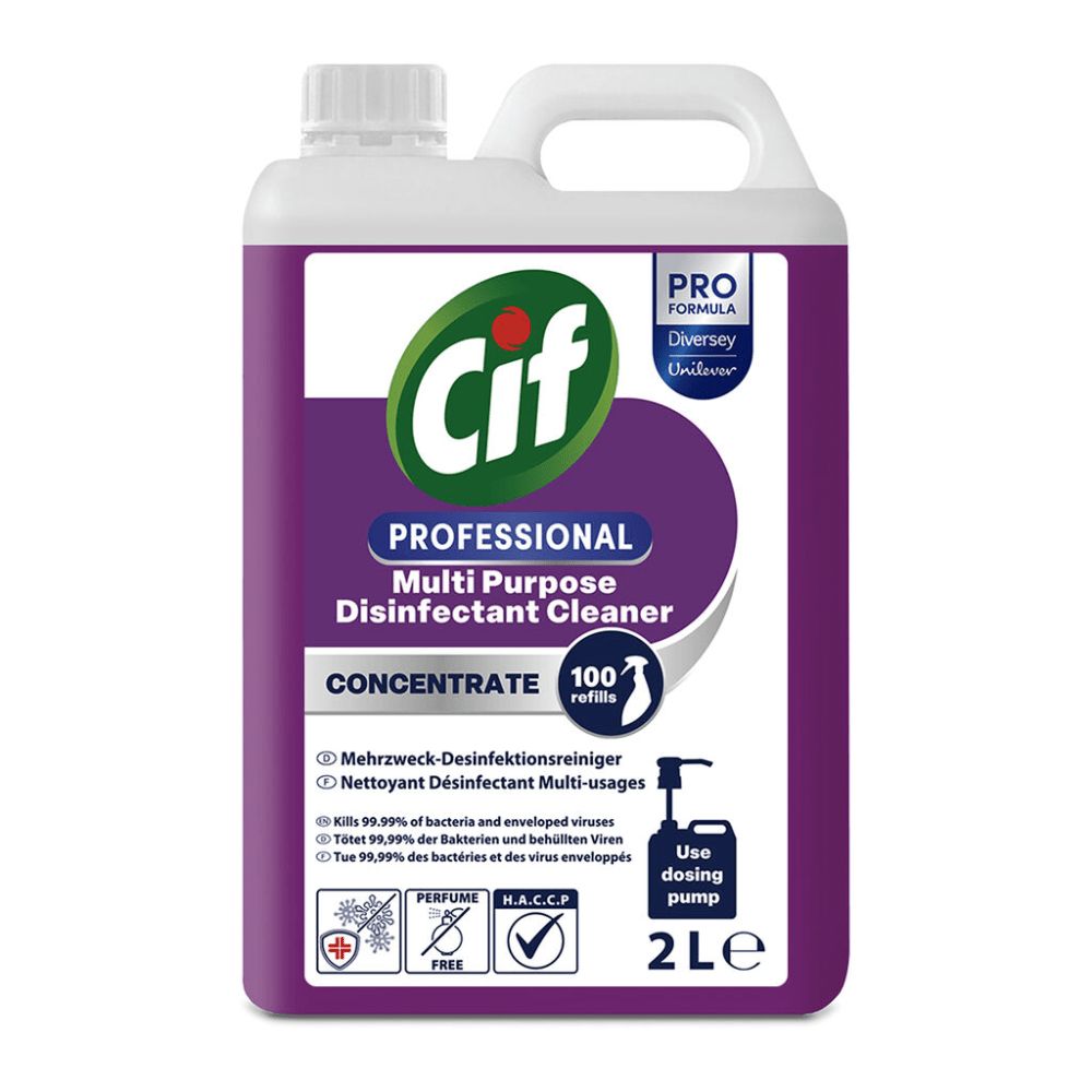Violette Flasche mit Griff, Cif Professional Mehrzweck-Desinfektionsreiniger. Text: Konzentrat, 100 Nachfüllungen, 2L. Enthält Informationen zur Anwendung.