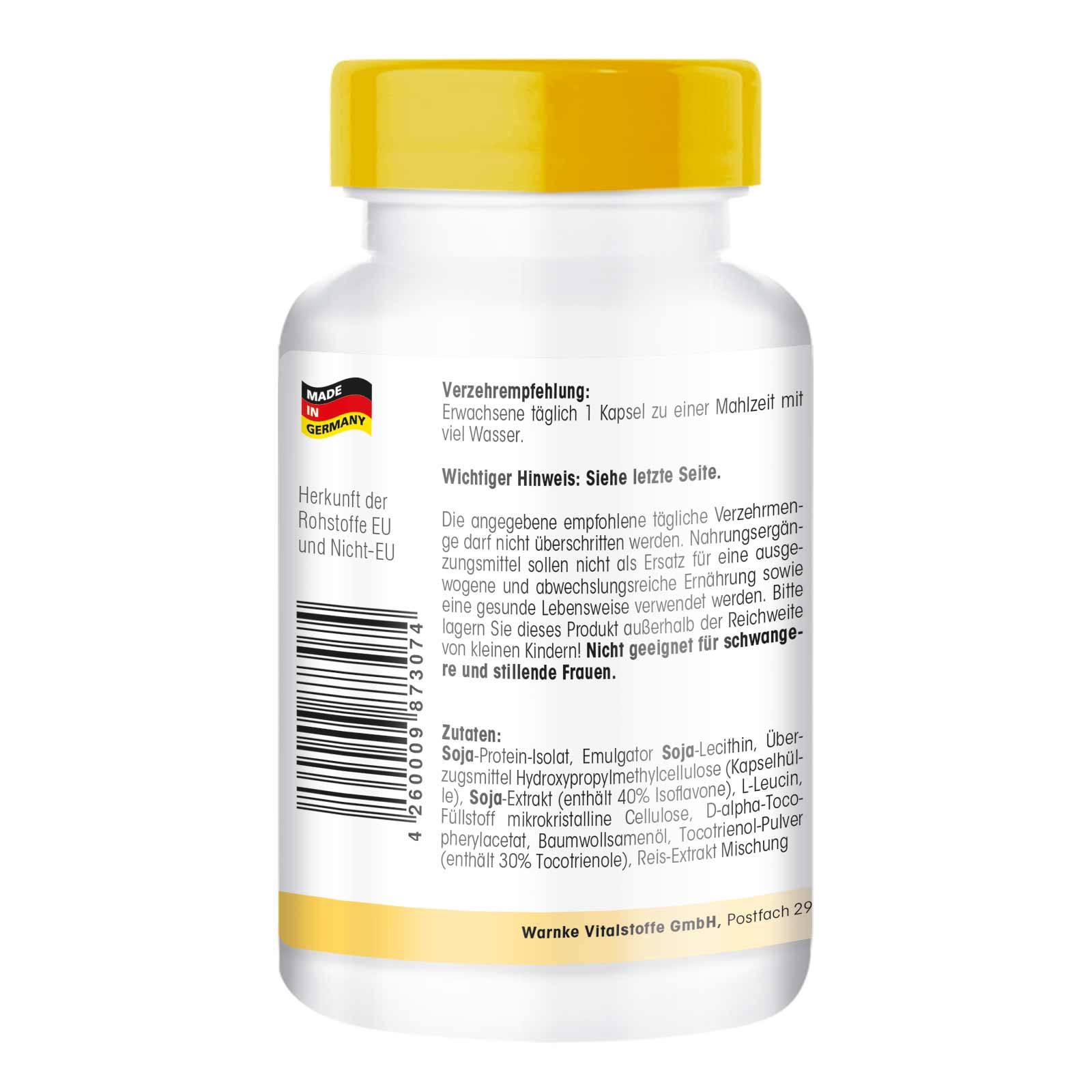 Rückseite der Flasche. Text: Verzehrempfehlung, wichtige Hinweise, Zutaten. Herkunft EU und Nicht-EU. Made in Germany.