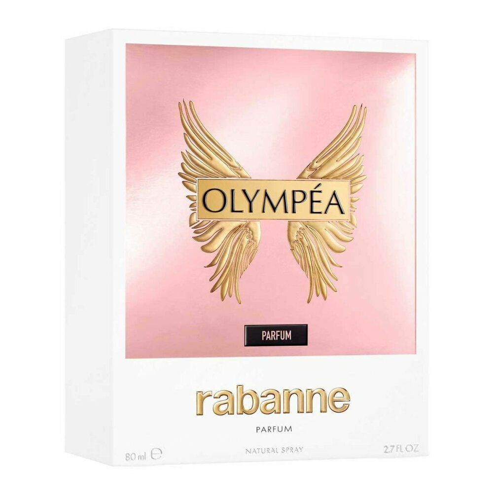 Verpackung eines Parfums. Weiße Box mit rosa schimmerndem Hintergrund, goldenen Flügeln und Schriftzug 'OLYMPÉA'.
