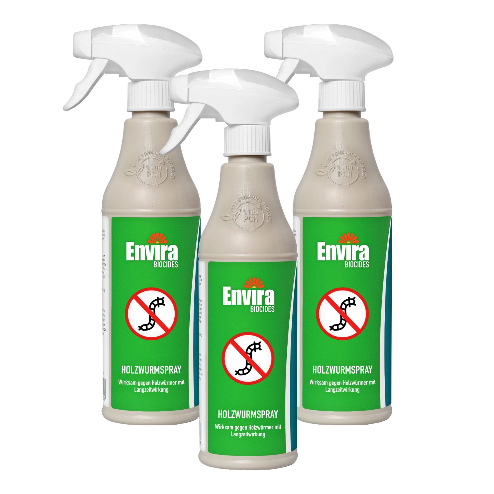 Drei Sprühflaschen Envira Holzwurmspray. Beige Flaschen mit grünem Etikett und weißem Sprühkopf. Rotes Symbol gegen Holzwürmer.