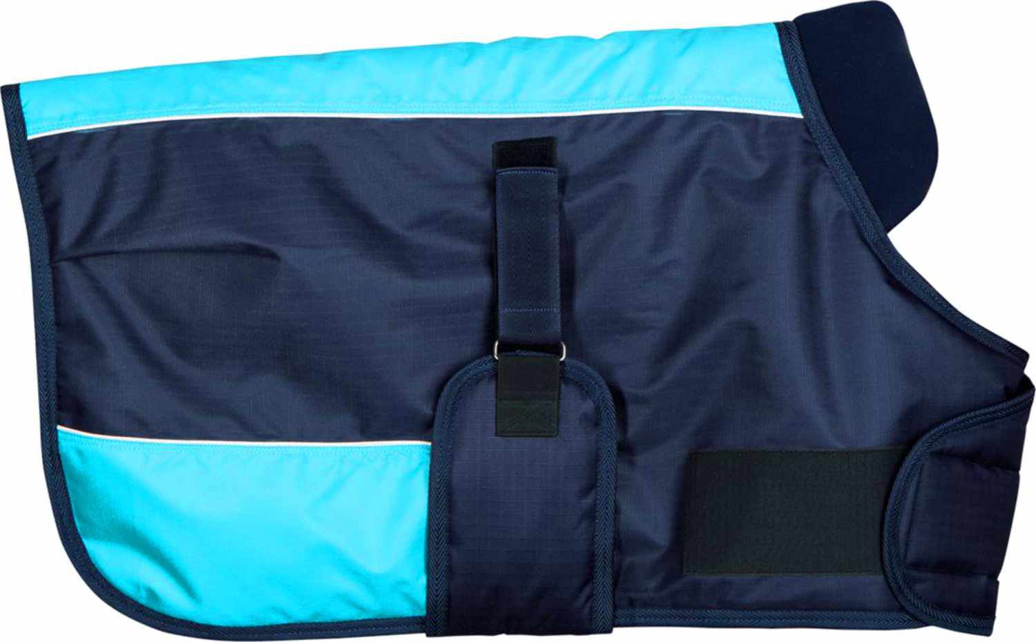 Blaue Fohlendecke mit türkisen Akzenten und Klettverschluss.