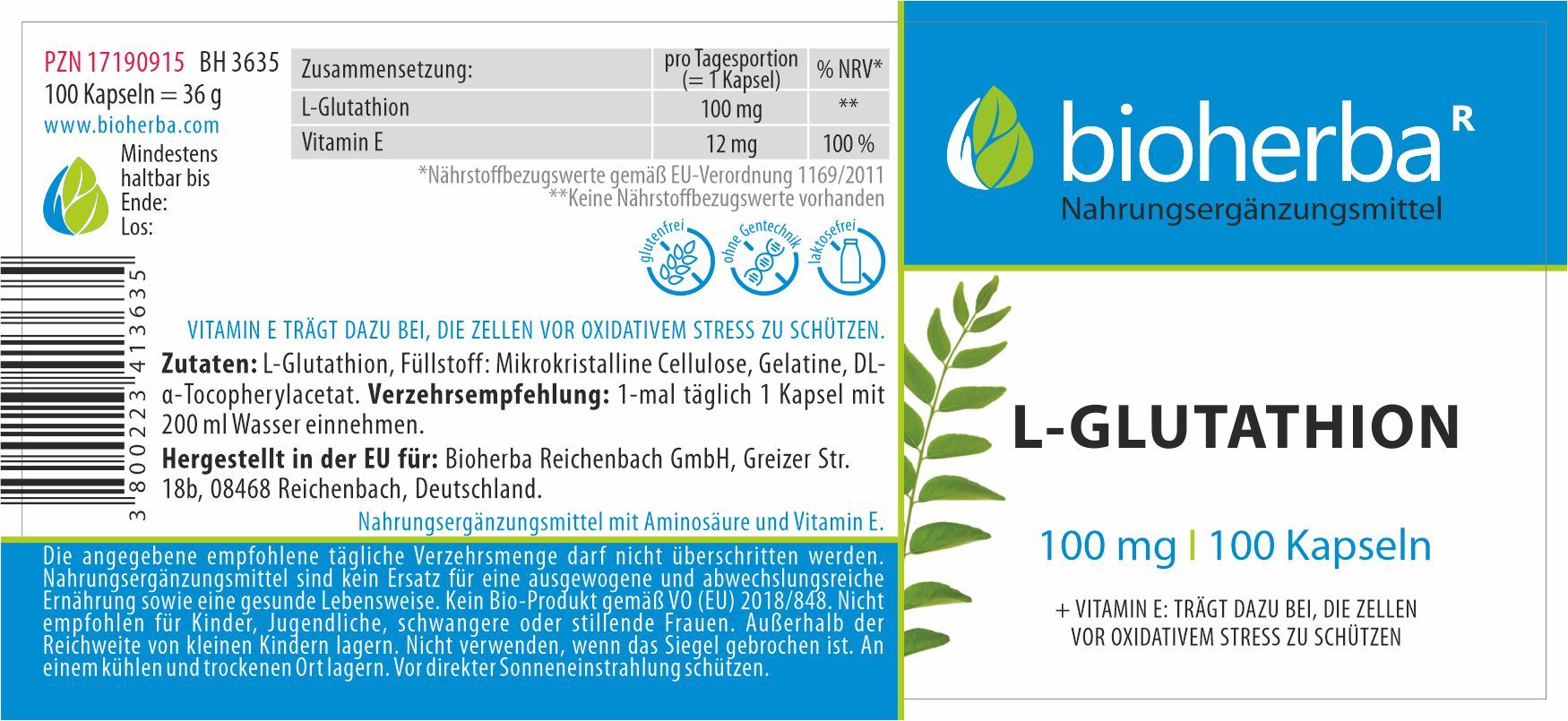 Etikett mit blauem Streifen und Schriftzug 'bioherba'. Text: L-Glutathion, 100 mg, 100 Kapseln. Enthält Informationen zu Inhaltsstoffen und Verzehrempfehlung.