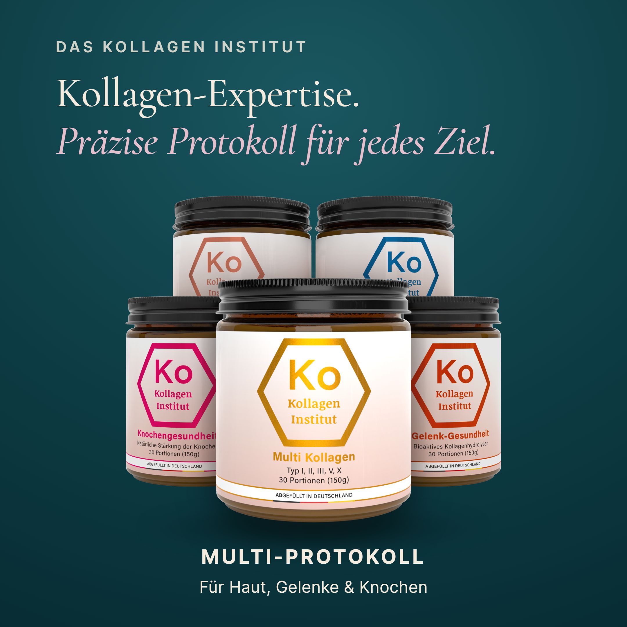 Fünf Gläser Kollagen-Produkte in verschiedenen Farben. Text: Kollagen-Expertise. Multi-Protokoll für Haut, Gelenke & Knochen.