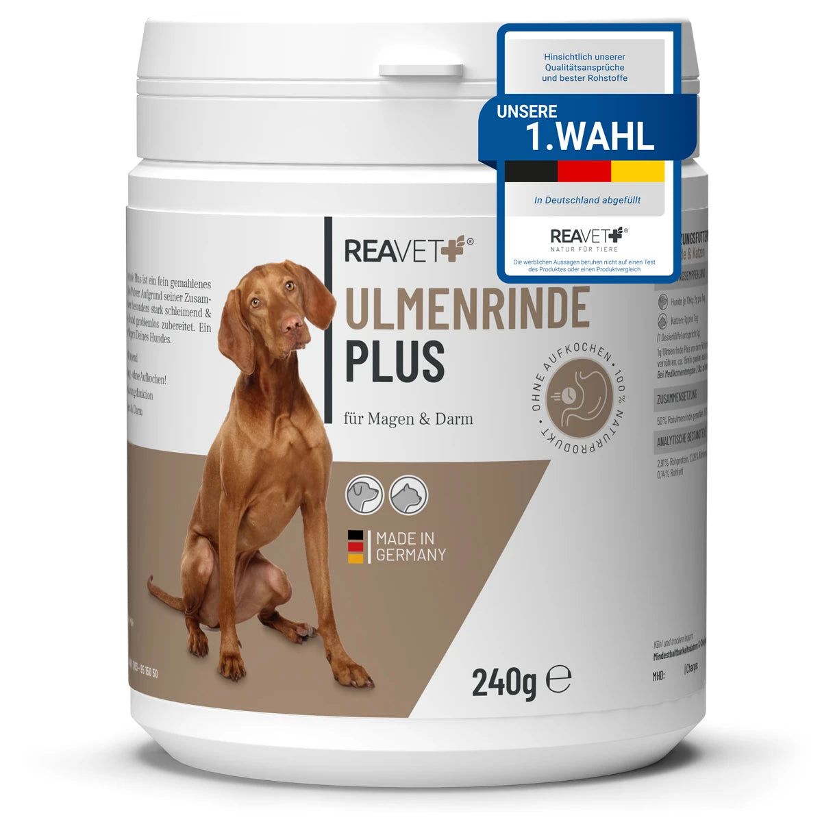 ReaVET Ulmenrinde Plus Dose, 240g. Hund auf Verpackung. Text: 1. Wahl, Made in Germany.