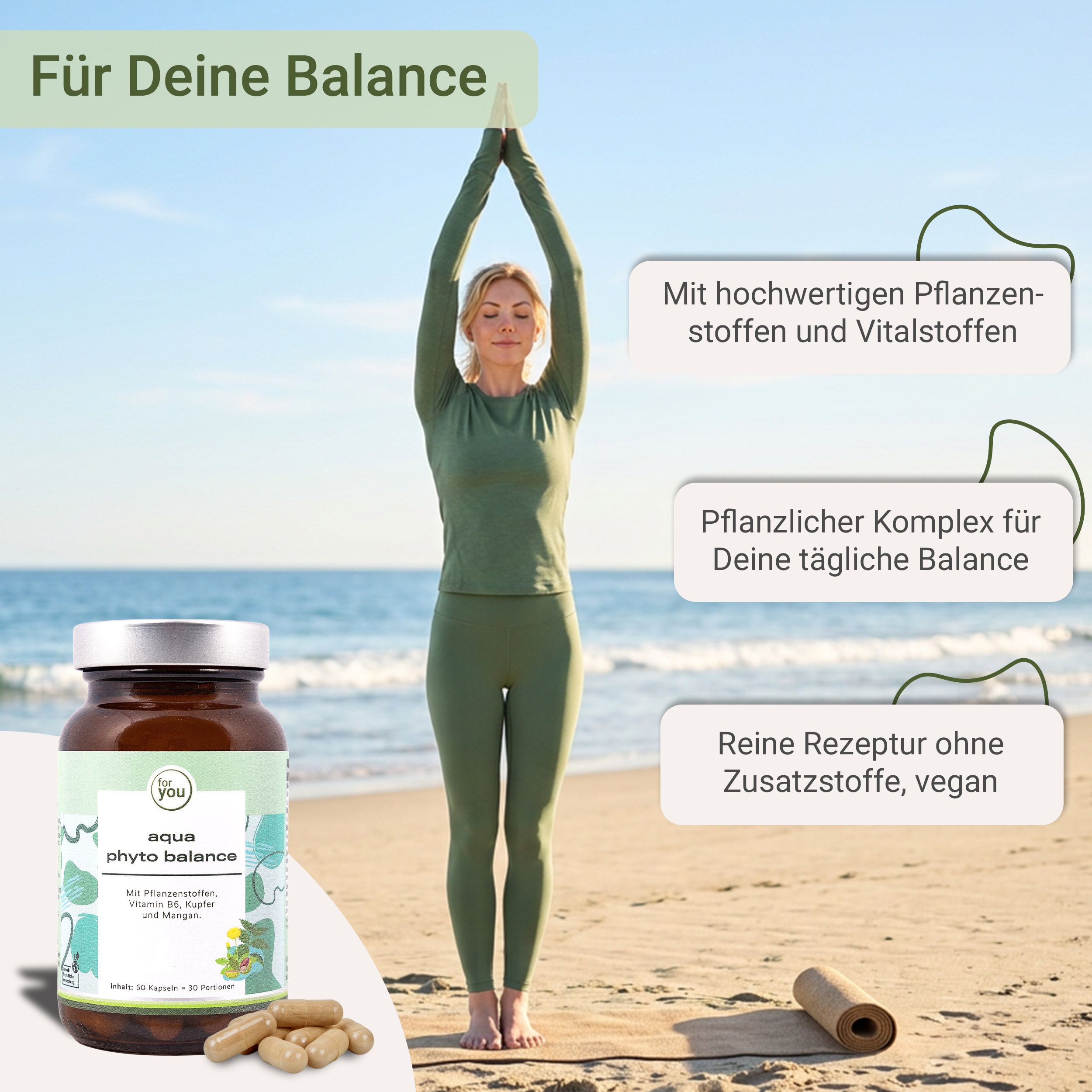 Frau in Yoga-Pose am Strand neben einer Flasche Aqua Phyto Balance Kapseln.
