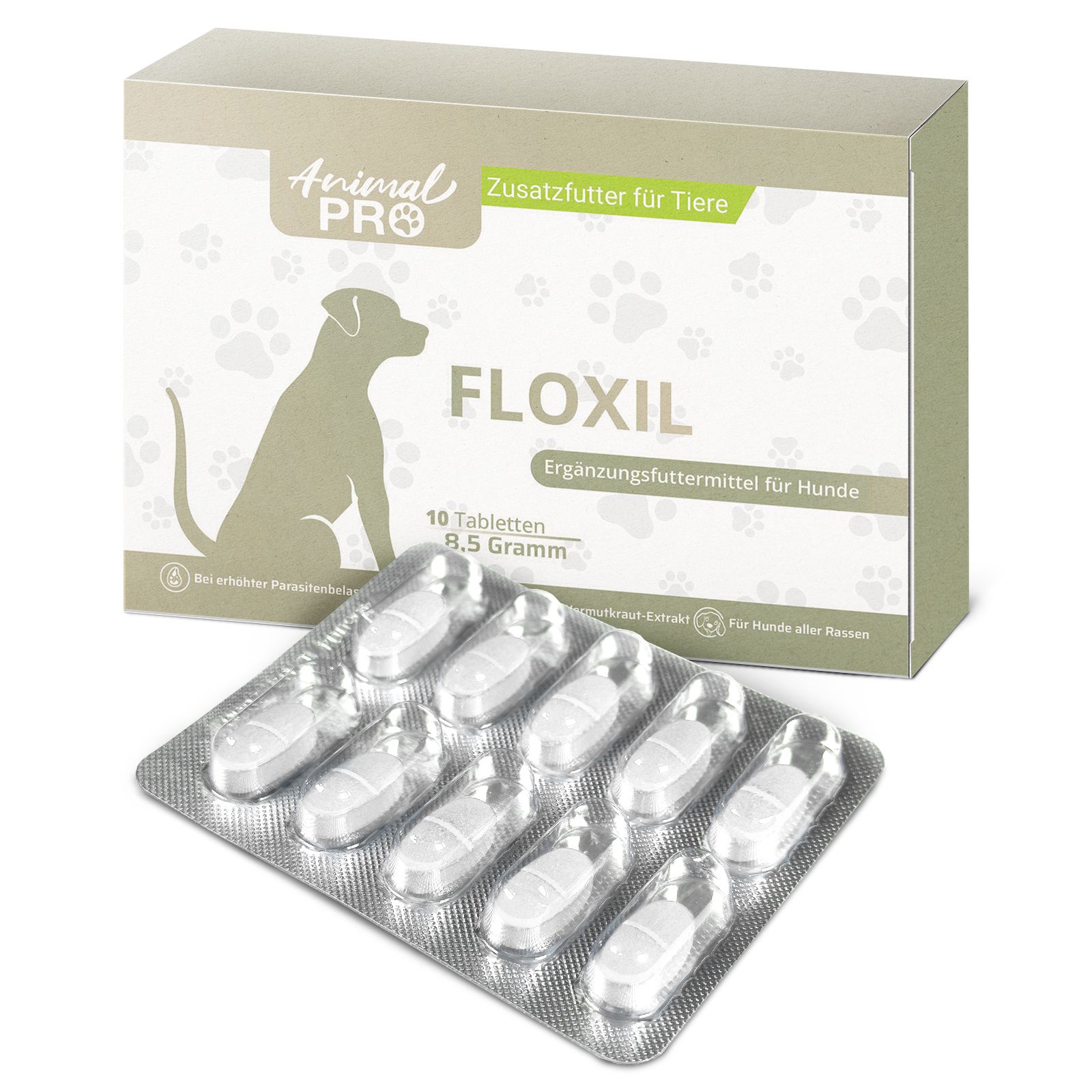 Packung mit Tabletten Animal Pro Floxil und Blisterpackung mit Tabletten. Aufschrift: Ergänzungsfuttermittel für Hunde.