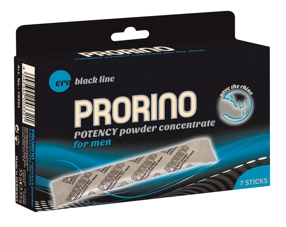 Schwarze Schachtel mit Produktnamen und Text. Enthält 7 Sticks. Aufschrift: Prorino, Potency Powder Concentrate for men.