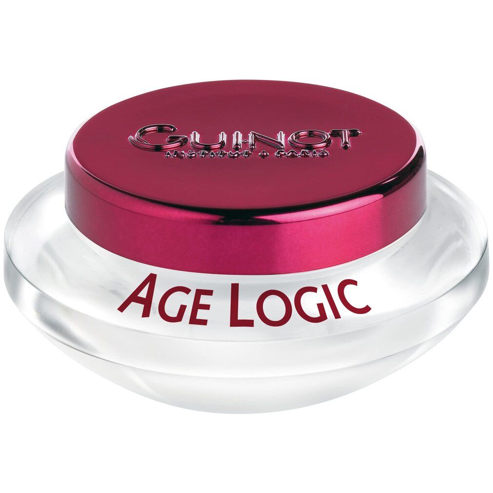Creme-Tiegel mit rotem Deckel. Aufschrift: Guinot, Age Logic. Transparenter Behälter.