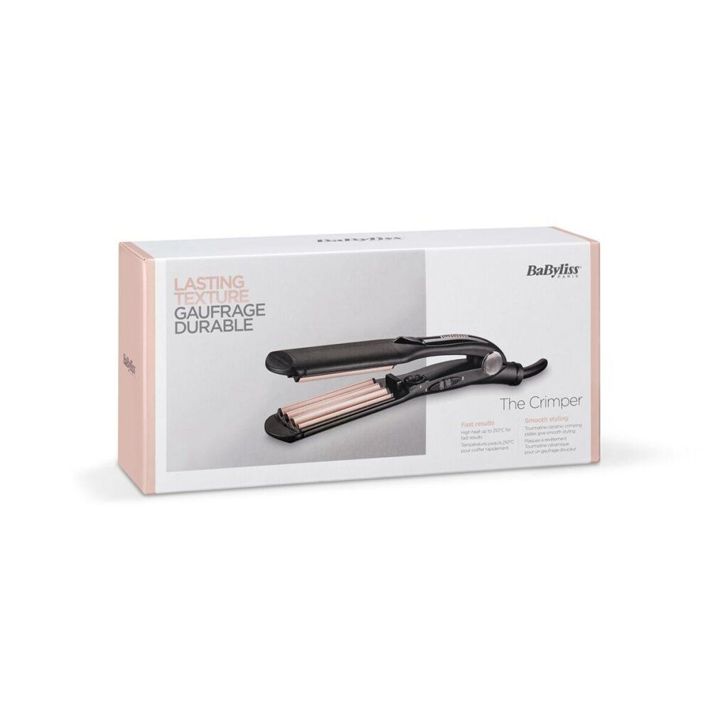 BaByliss Crimper in Verpackung. Schwarzes Gerät mit rosa Platten. Verpackung mit Produktbild.