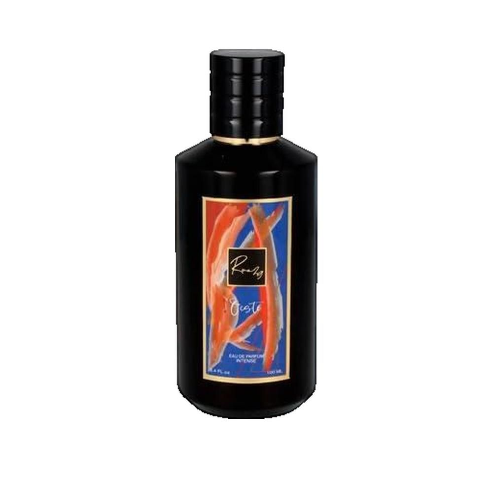 Schwarze Flasche mit schwarzem Deckel. Aufkleber mit orangefarbenen und blauen Mustern und Text. "Rua29 Oeste" und "Eau de Parfum Intense".
