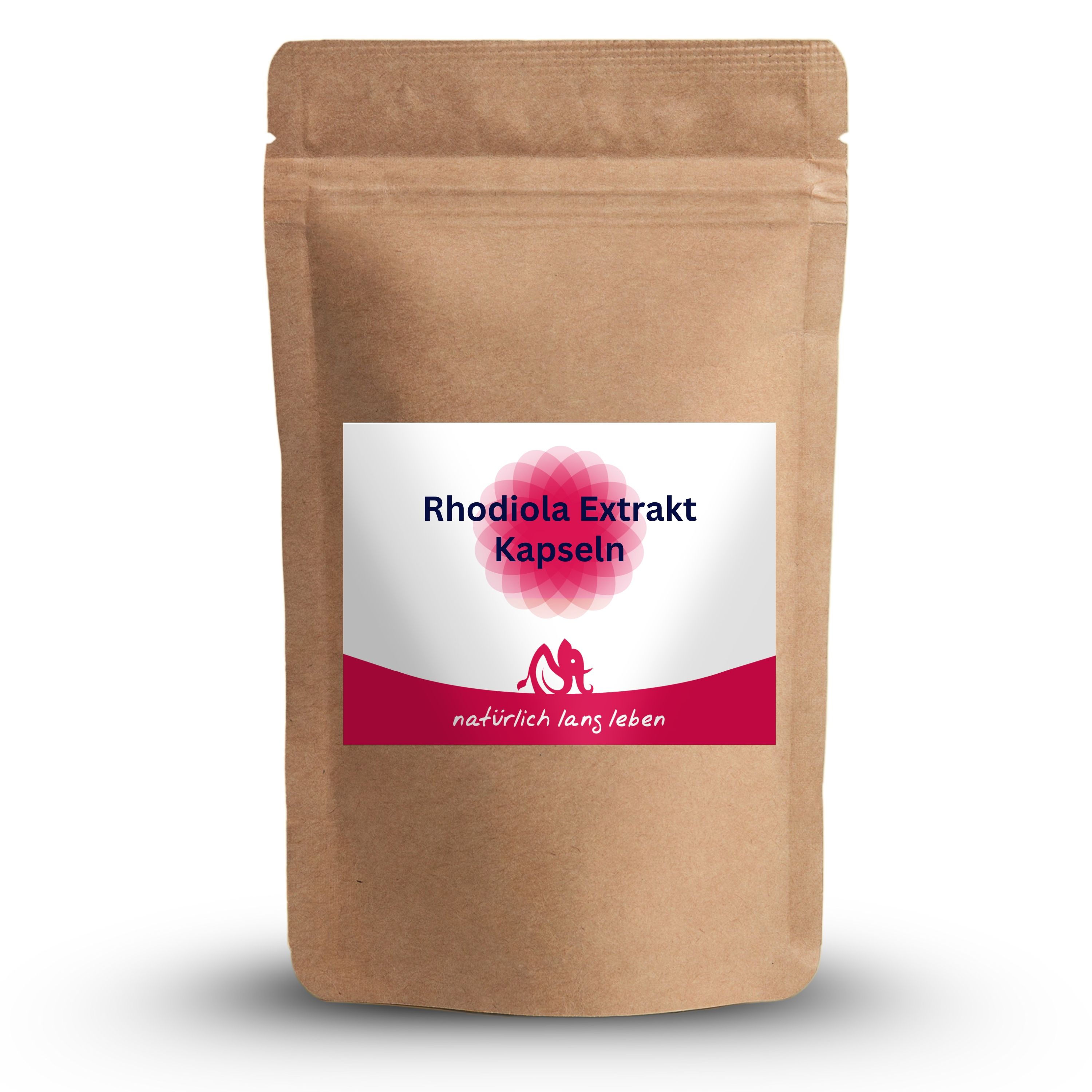 Braune Tüte mit Etikett. Aufschrift: Rhodiola Extrakt Kapseln. Logo: natürlich lang leben.