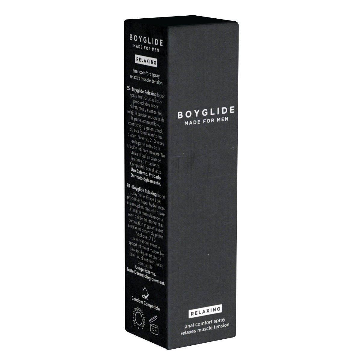 Schwarze rechteckige Verpackung. Aufschrift: BOYGLIDE MADE FOR MEN. Relaxing. Anal Comfort Spray. Entspannt Muskelverspannungen. Text in mehreren Sprachen.