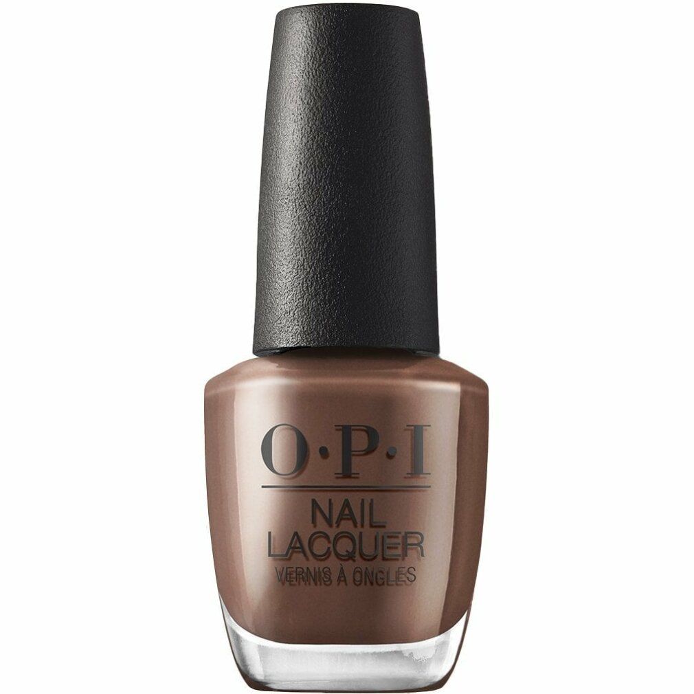 Nagellackflasche mit brauner Farbe und schwarzem Deckel. OPI-Logo und Produktbezeichnung sind sichtbar.
