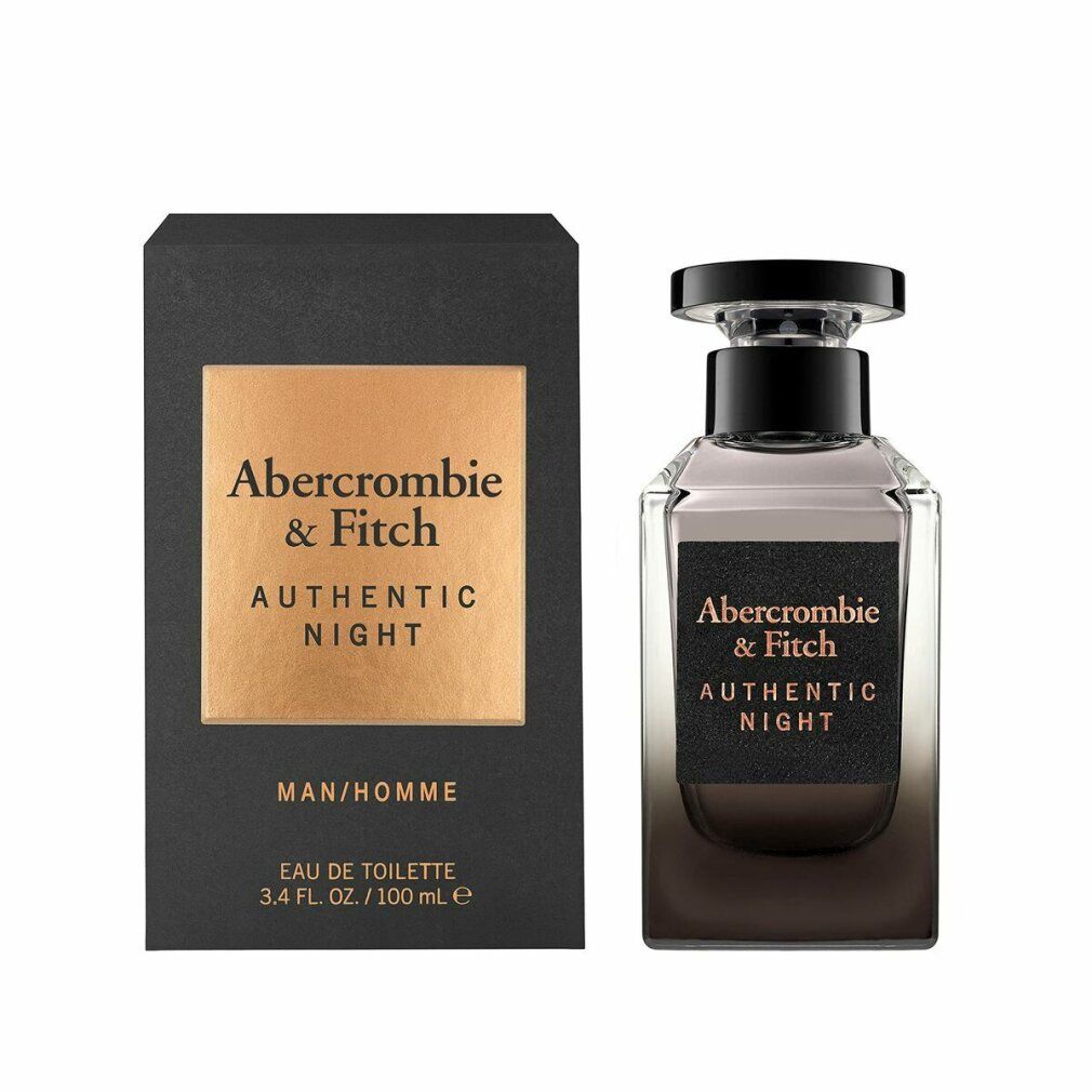 Flakon und Schachtel. Schwarze Schachtel mit goldenem Aufdruck. Flakon mit schwarzem Verschluss und Etikett. Text: Abercrombie & Fitch AUTHENTIC NIGHT.