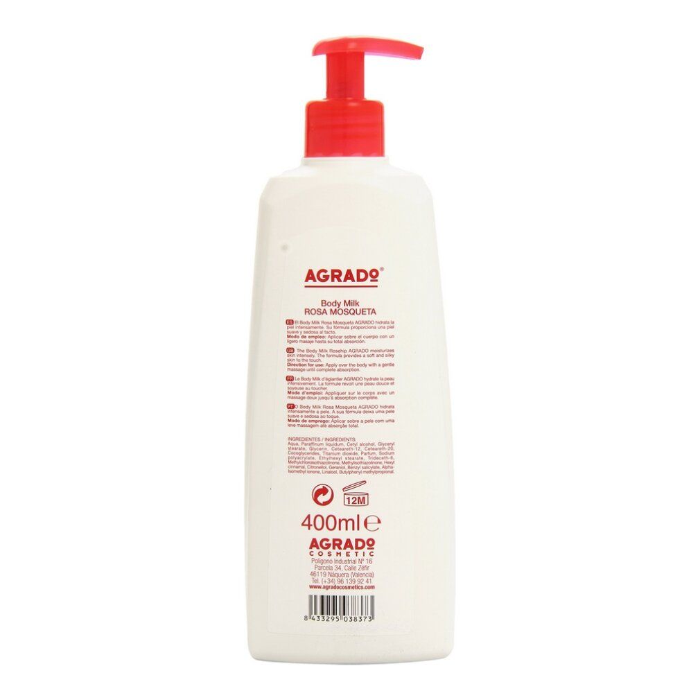 Rückseite einer weißen Flasche. Text: Agrado Body Milk Rosa Mosqueta. 400ml. Informationen und Barcode.
