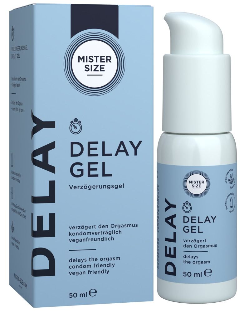 Produktverpackung und Flasche. Aufschrift: Mister Size Delay Gel. Verzögert den Orgasmus. Vegan.