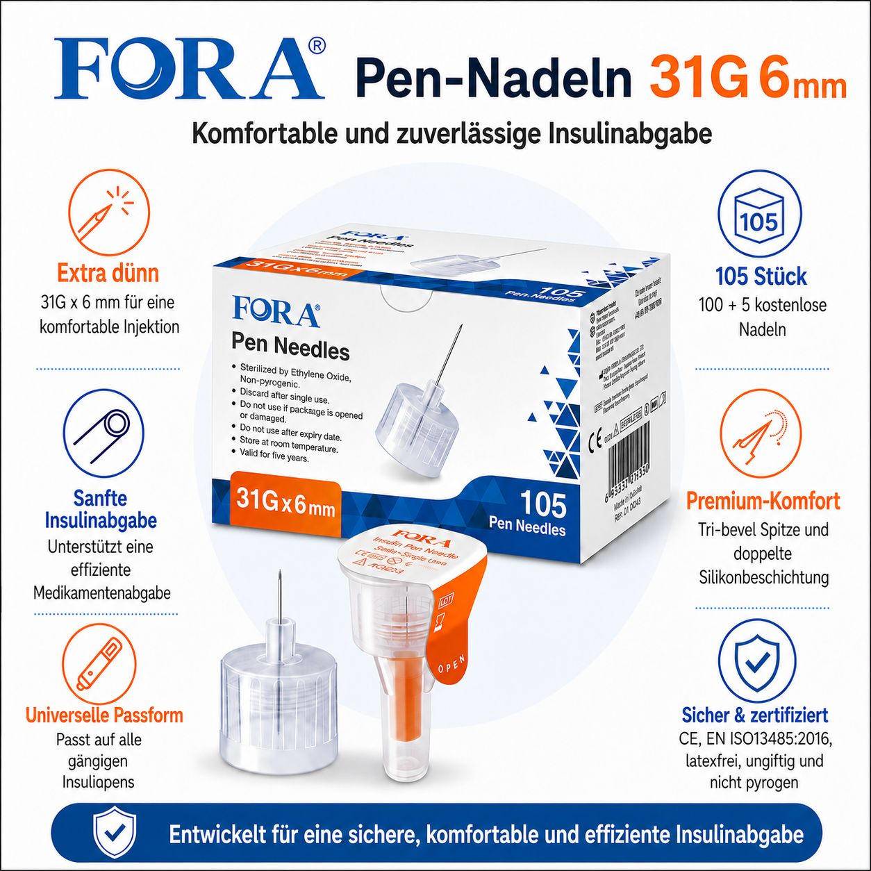 FORA Pen-Nadeln 31G x 6mm. Extra dünn, sanfte und universelle Passform. 105 Stück.