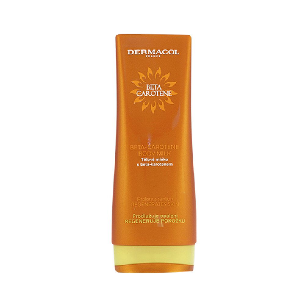 Schmale, orangefarbene Tube mit gelbem Verschluss. Aufschrift: Dermacol, Beta Carotene Body Milk. Mehrsprachiger Text.