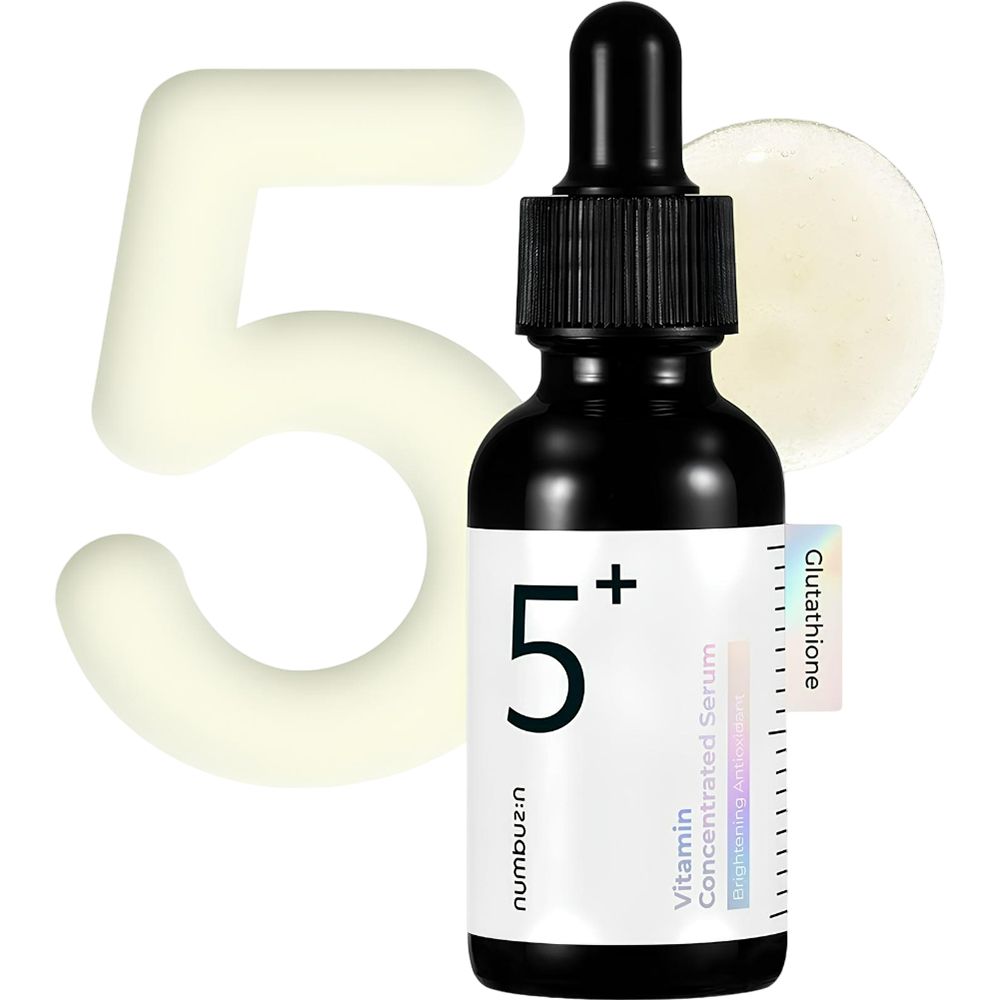 Schwarze Flasche mit weißem Etikett. Aufschrift "5+" und "numbuzin". Vitamin-Serum. Mit Tropfer. Neben einer "5"-Form.