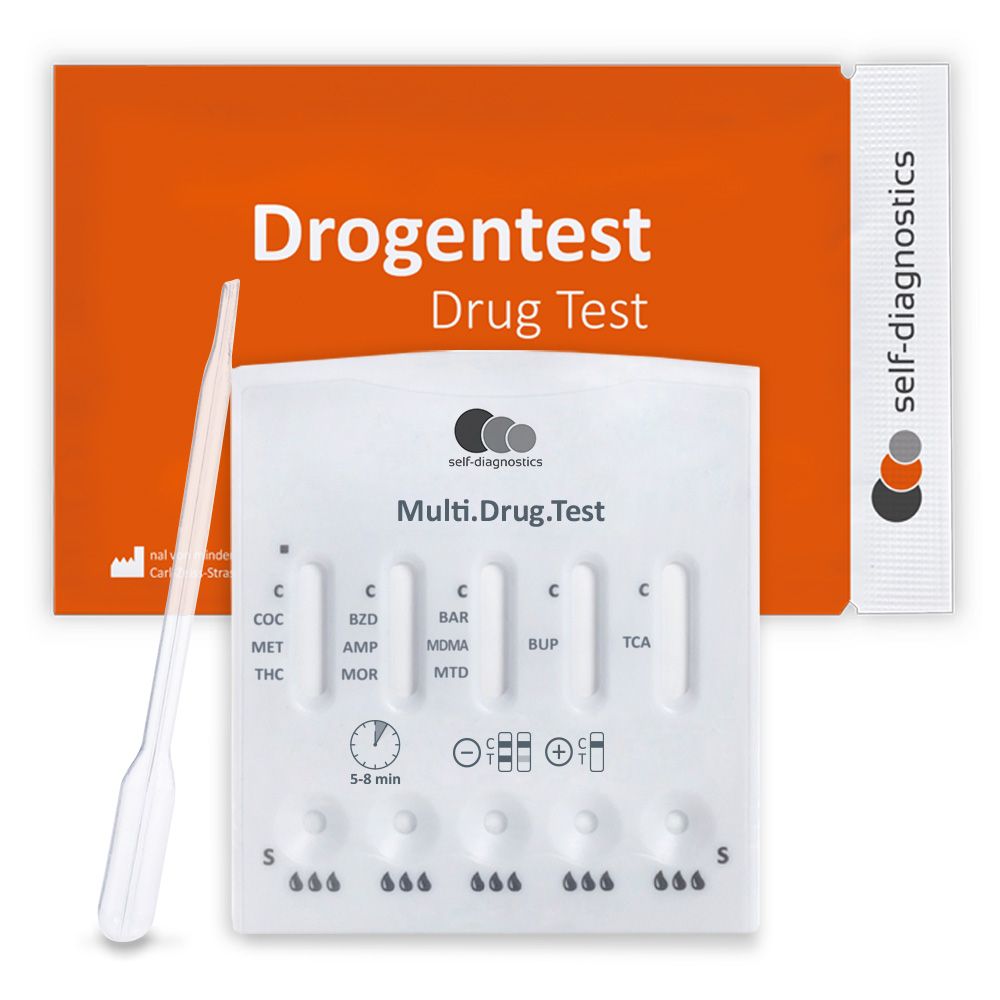 Teststreifen mit Pipette und Verpackung. Aufschrift: Drogenschnelltest. Mehrfach-Drogentest-Kit.