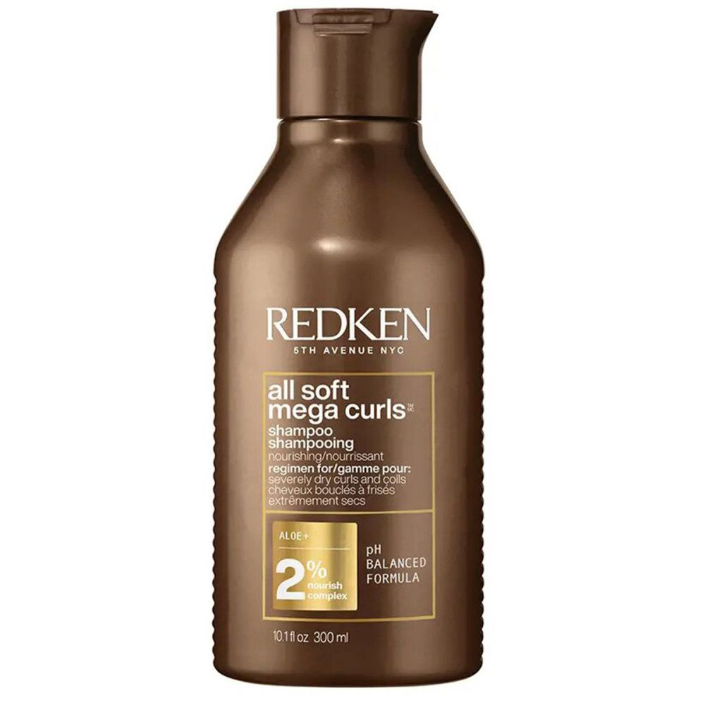 Braune Shampoo-Flasche. Aufschrift: Redken, All Soft Mega Curls. Text: Shampoo, für trockenes, lockiges Haar.