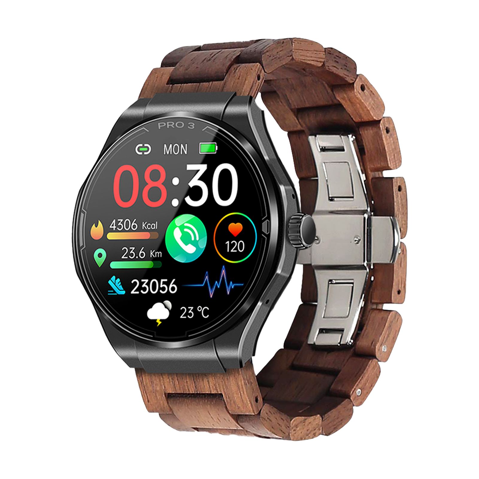 Smartwatch mit Holzarmband. Schwarzes Gehäuse, rundes Display mit Uhrzeit und Gesundheitsdaten. PRO 3-Logo.