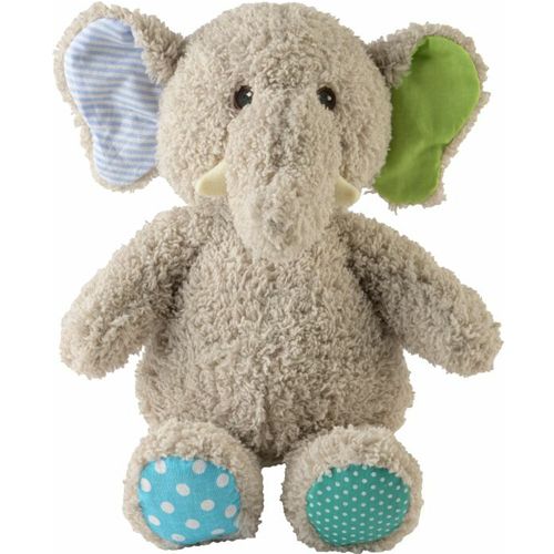 Stofftier-Elefant mit Ohren in Blau und Grün. Füße mit Punkten. Beige-graues Fell. Kleine Stoßzähne.