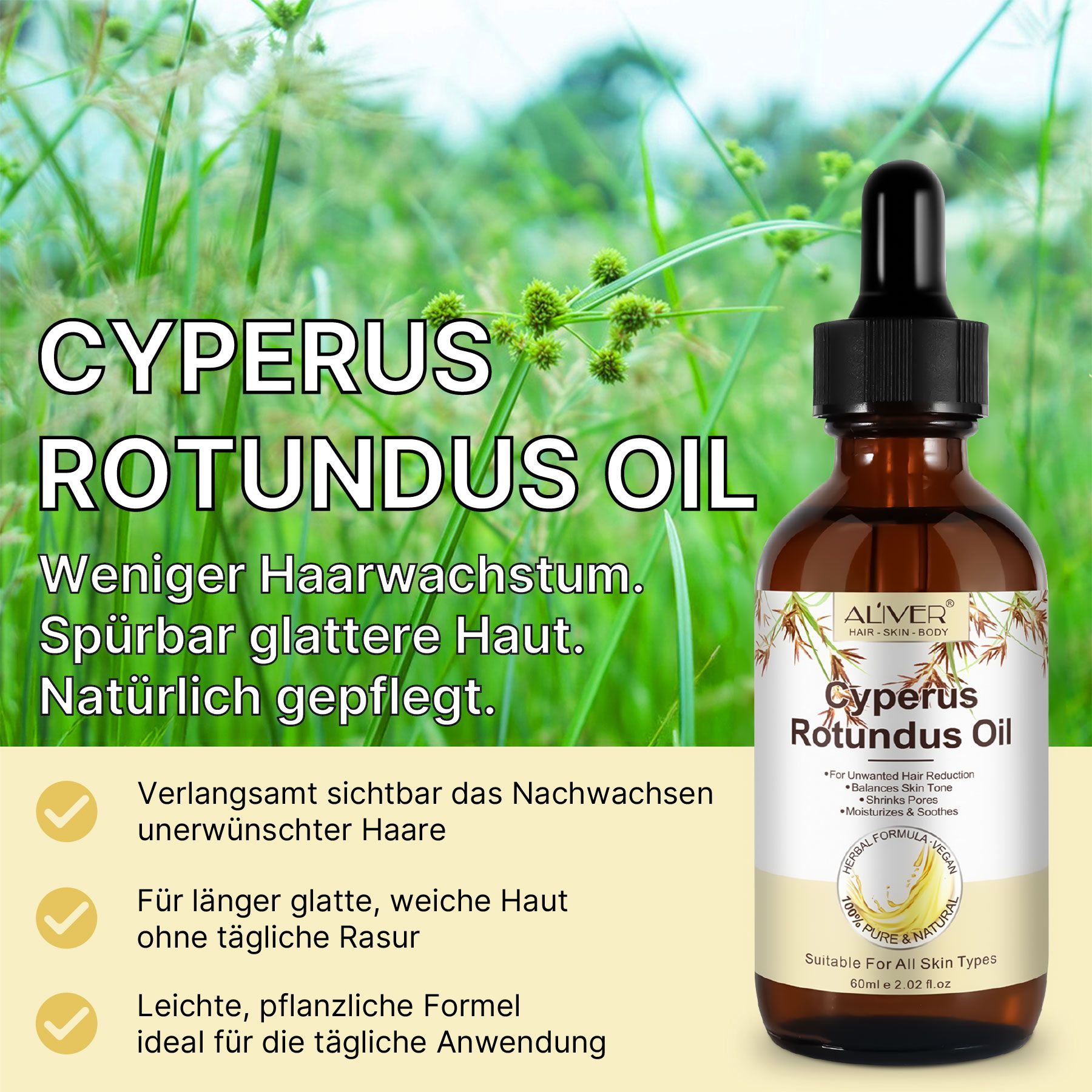 Aliver Cyperus Rotundus Öl Pflege zur Haarentfernung und Reduzierung Haarwachstum