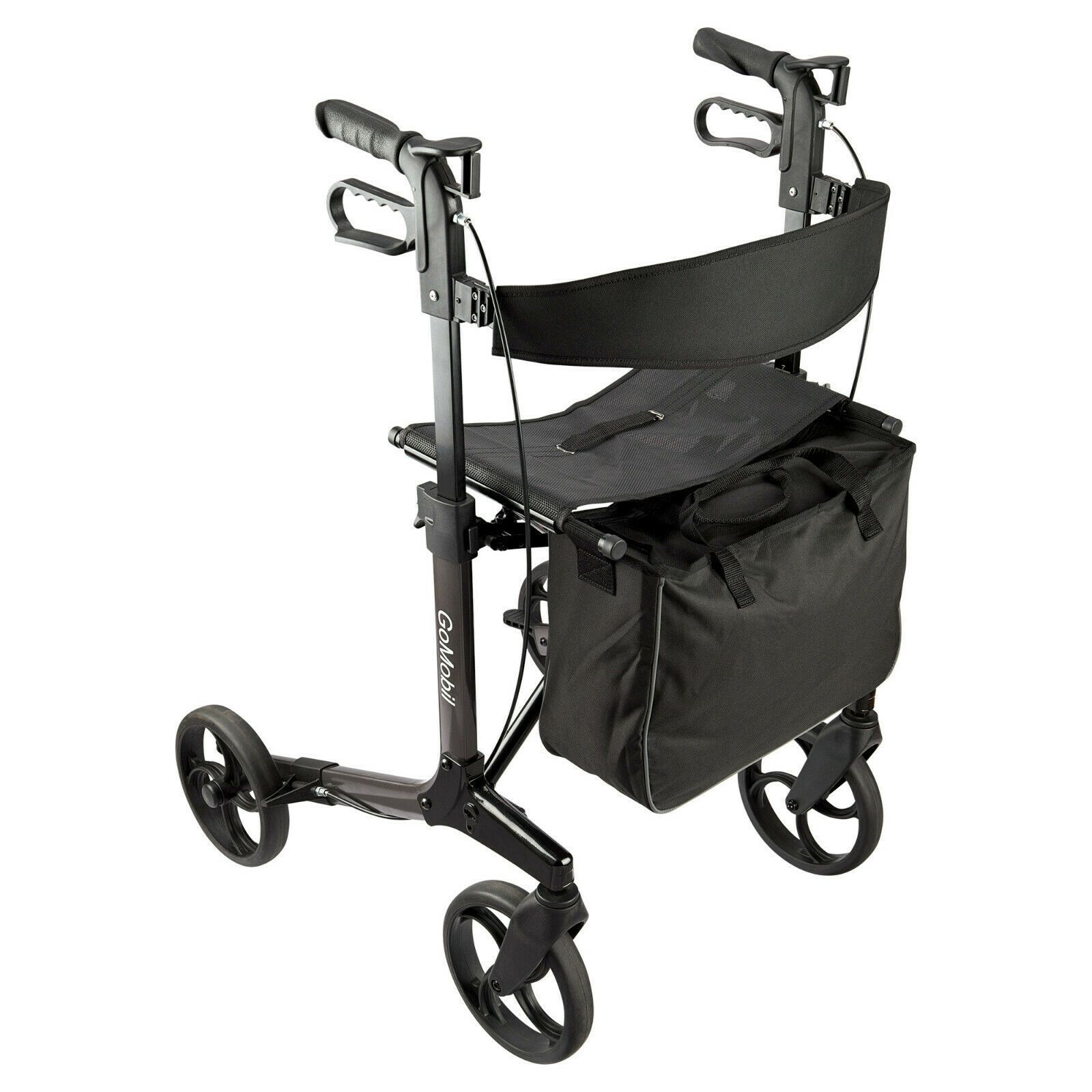 Schwarzer Rollator mit Sitz, Tasche und vier Rädern. Griffe und Rückenlehne. Aufschrift GoMobil.