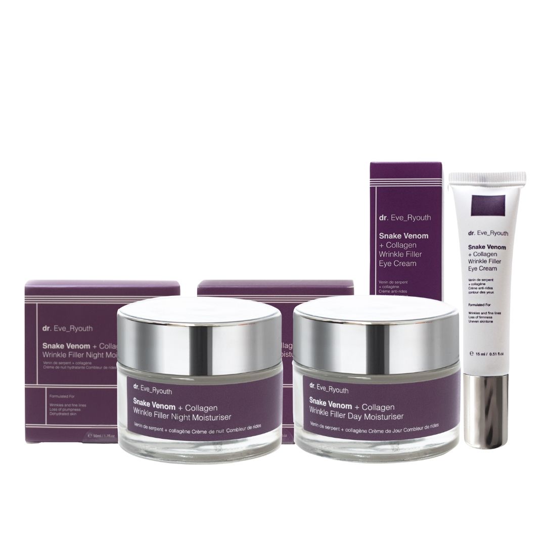 Set aus Creme- und Augenpflegeprodukten. Enthält Tiegel, Tuben und Kartons. Aufschrift: Dr. Eve_Ryouth, Snake Venom + Collagen.