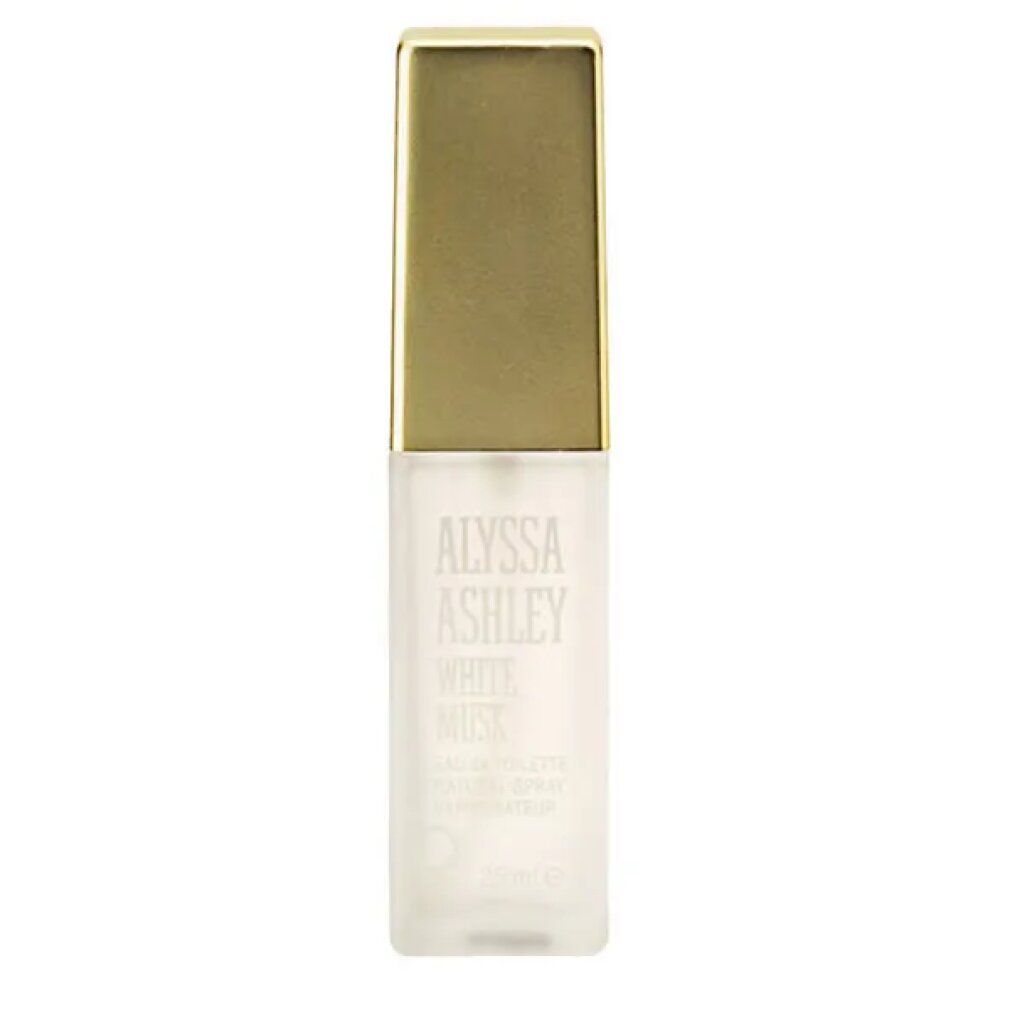 Alyssa Ashley White Musk Eau de Toilette Spray. Rechteckige Flasche mit goldfarbenem Deckel. Weißes Etikett mit Text.