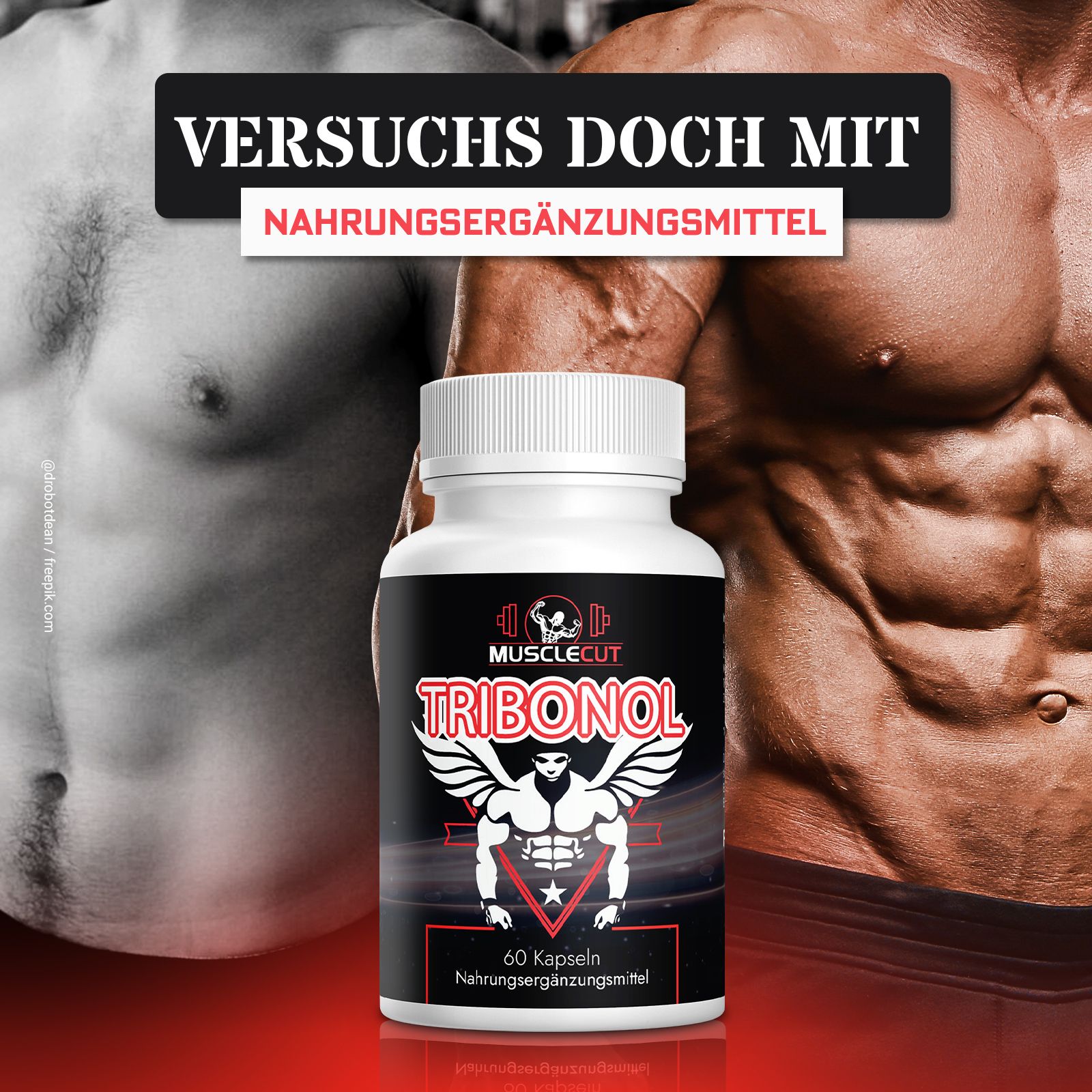 Weiße Flasche mit schwarzem Etikett. Aufschrift: Tribonol, 60 Kapseln. Hintergrund: muskulöser Oberkörper.