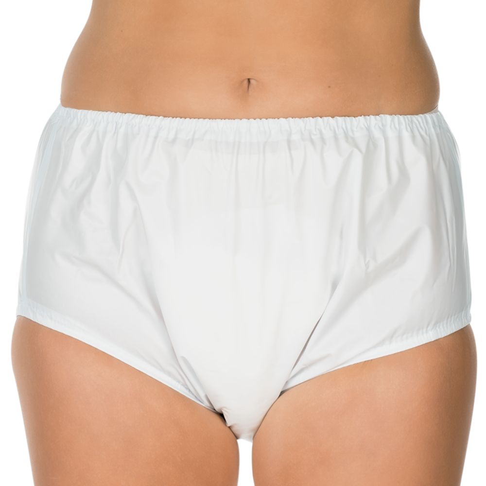 Weiße PVC-Schlupfform-Inkontinenzhose für Damen, Vorderansicht.