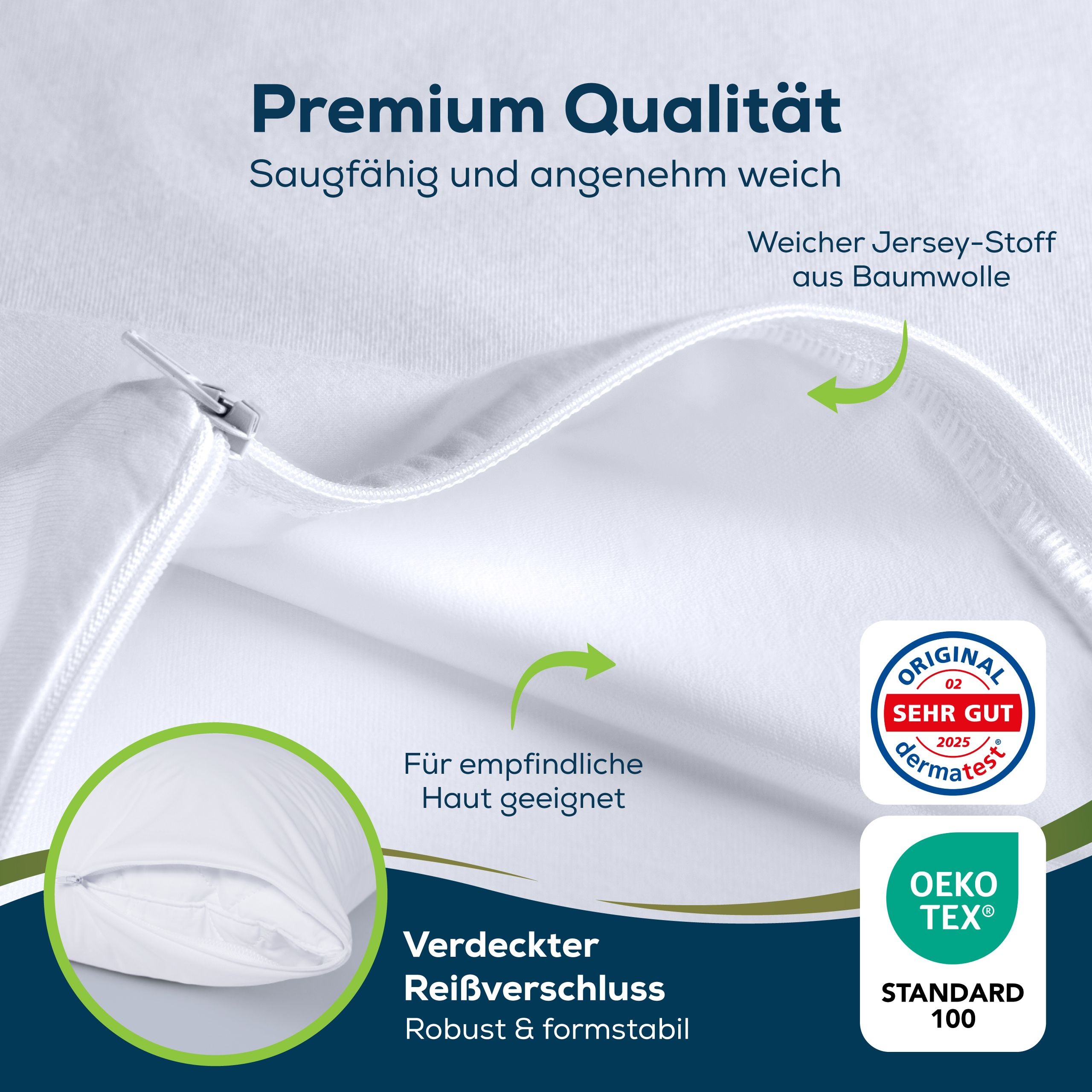 Weißer Kissenbezug mit Reißverschluss. Weicher Jersey-Stoff aus Baumwolle. Für empfindliche Haut geeignet.
