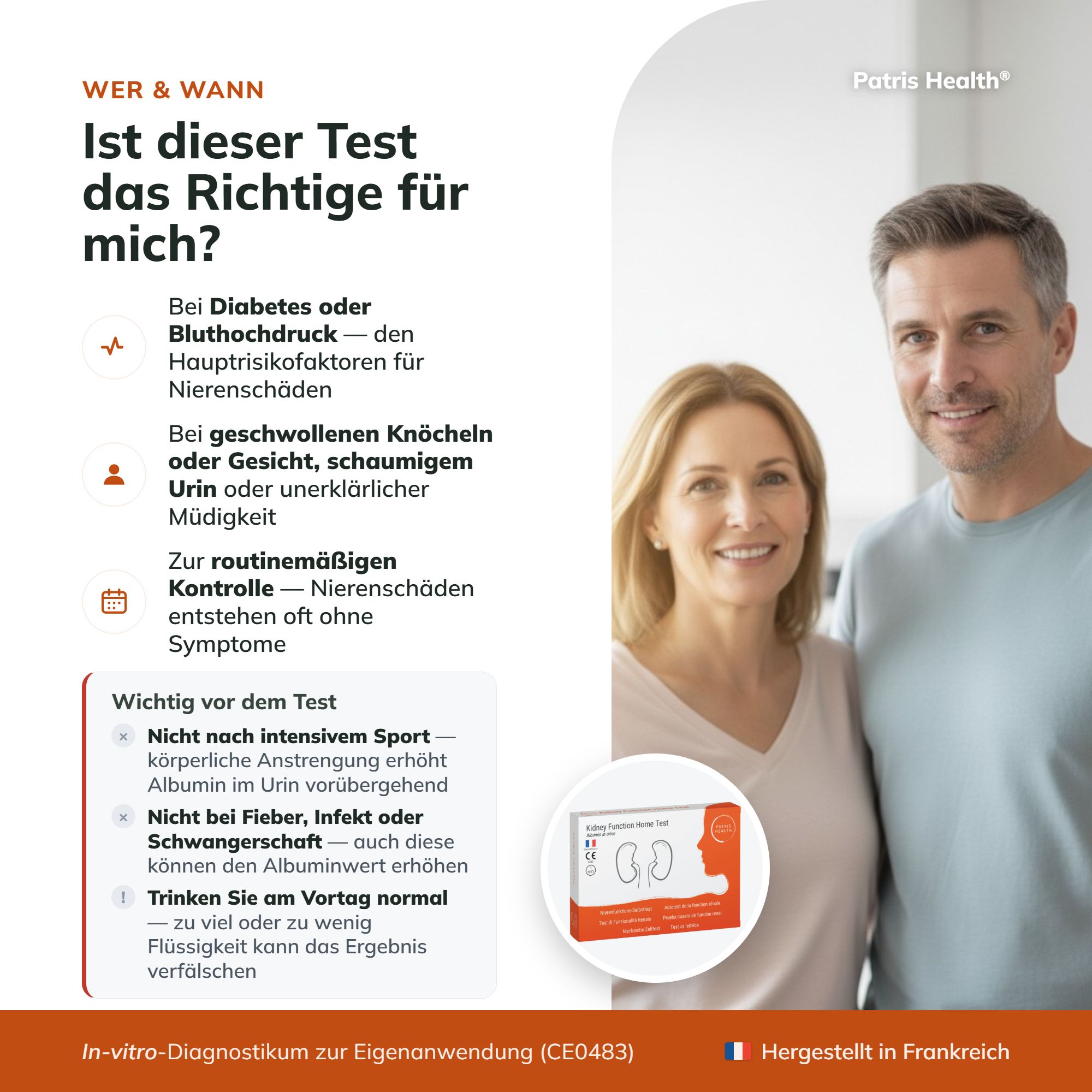 Paar im Haushalt, neben einer Packung Nierenfunktionstest.