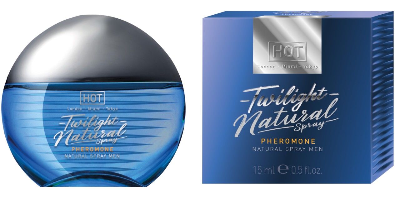 Flakon und Verpackung. Flakon oval, silberner Deckel, blaue Flüssigkeit. Verpackung blau, quadratisch. Marke HOT.