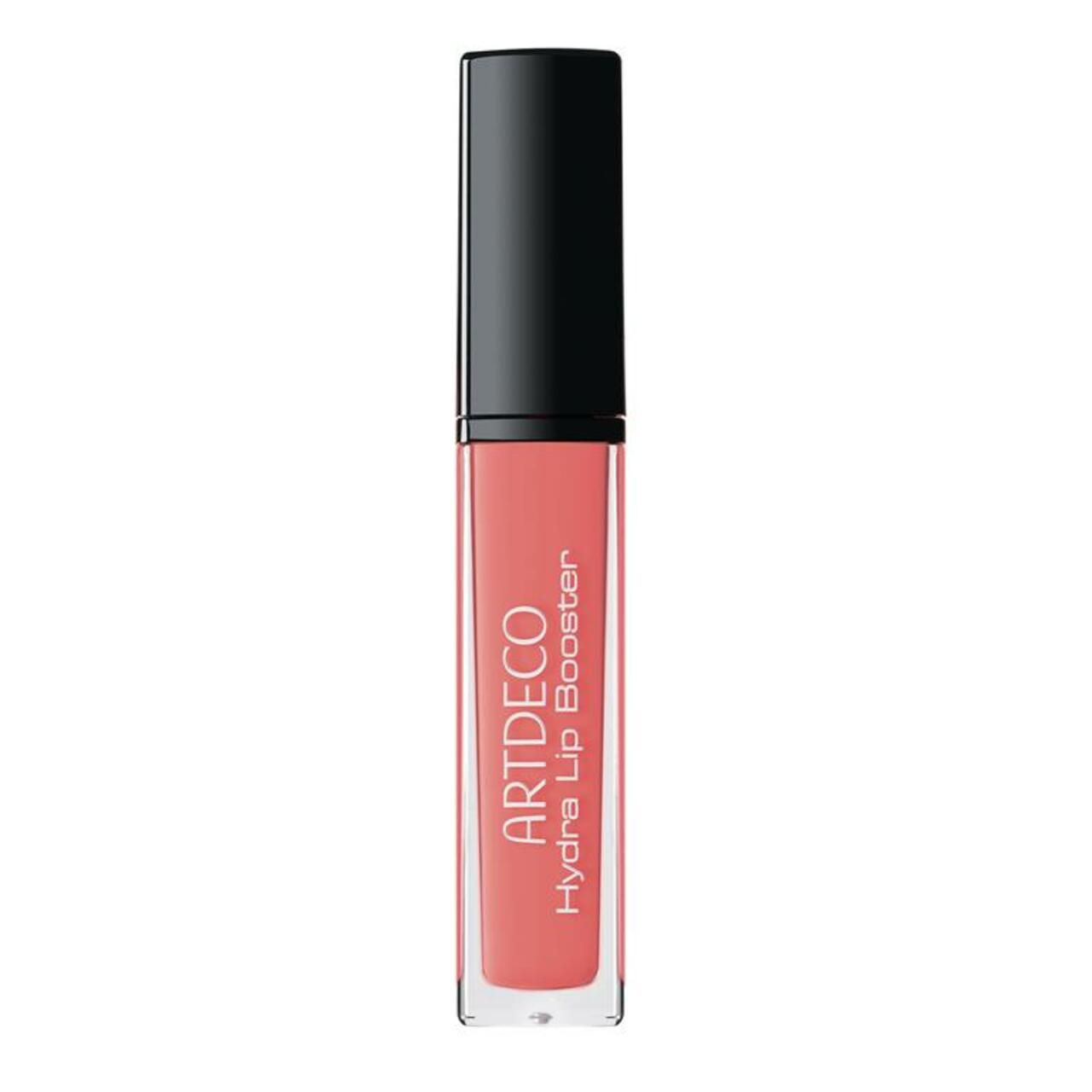 Hydra Lip Booster von Artdeco. Transparente, rechteckige Flasche mit rosa Inhalt. Schwarzer Deckel. Produktname und Marke auf der Flasche.