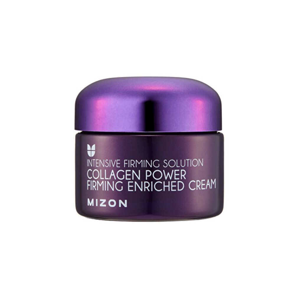Violette Creme-Dose mit Deckel. Aufschrift: Collagen Power Firming Enriched Cream, Mizon.