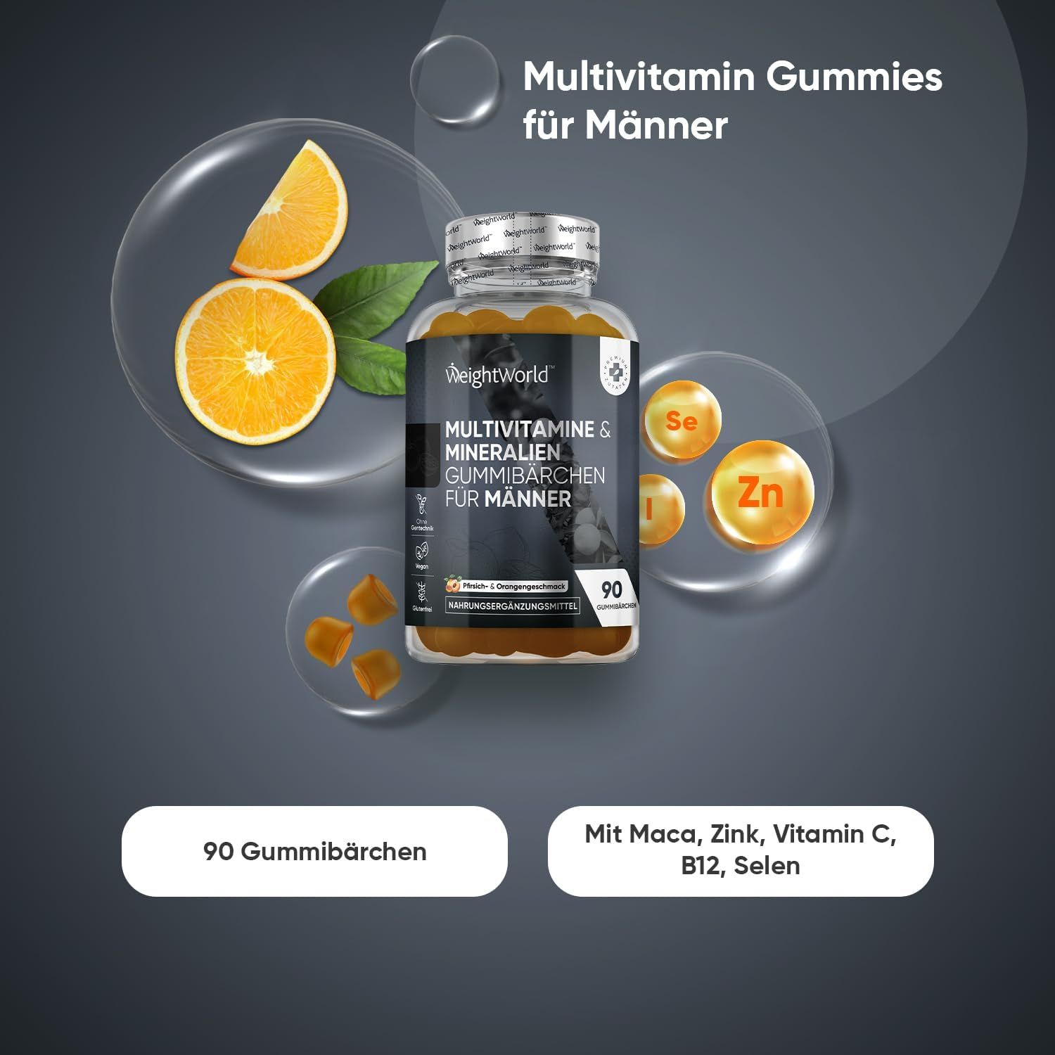 WeightWorld Multivitamin Gummies für Männer, Flasche mit 90 Gummibärchen. Enthält Zink, Selen, Vitamin C, B12, und weitere Inhaltsstoffe.