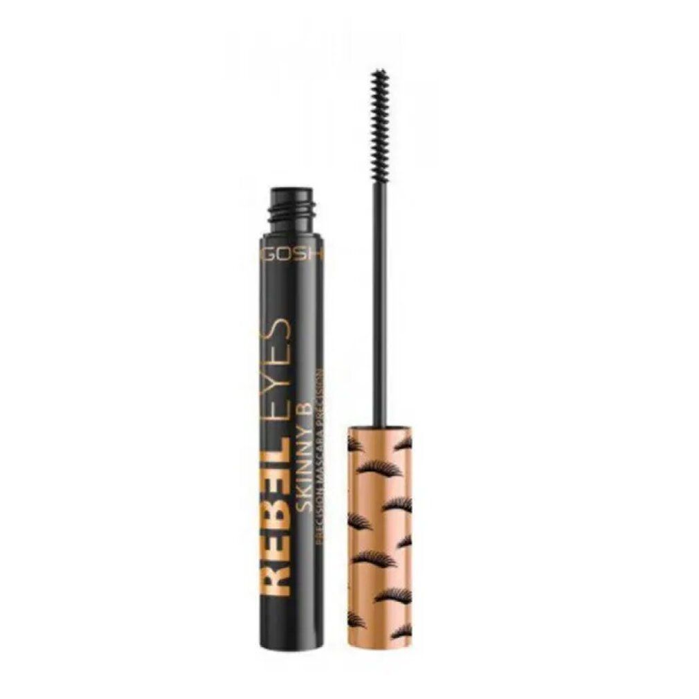 Schwarze Mascara-Tube mit goldfarbenem Deckel und Schriftzug. Bürste daneben. GOSH Rebel Eyes Skinny B Precision Mascara.