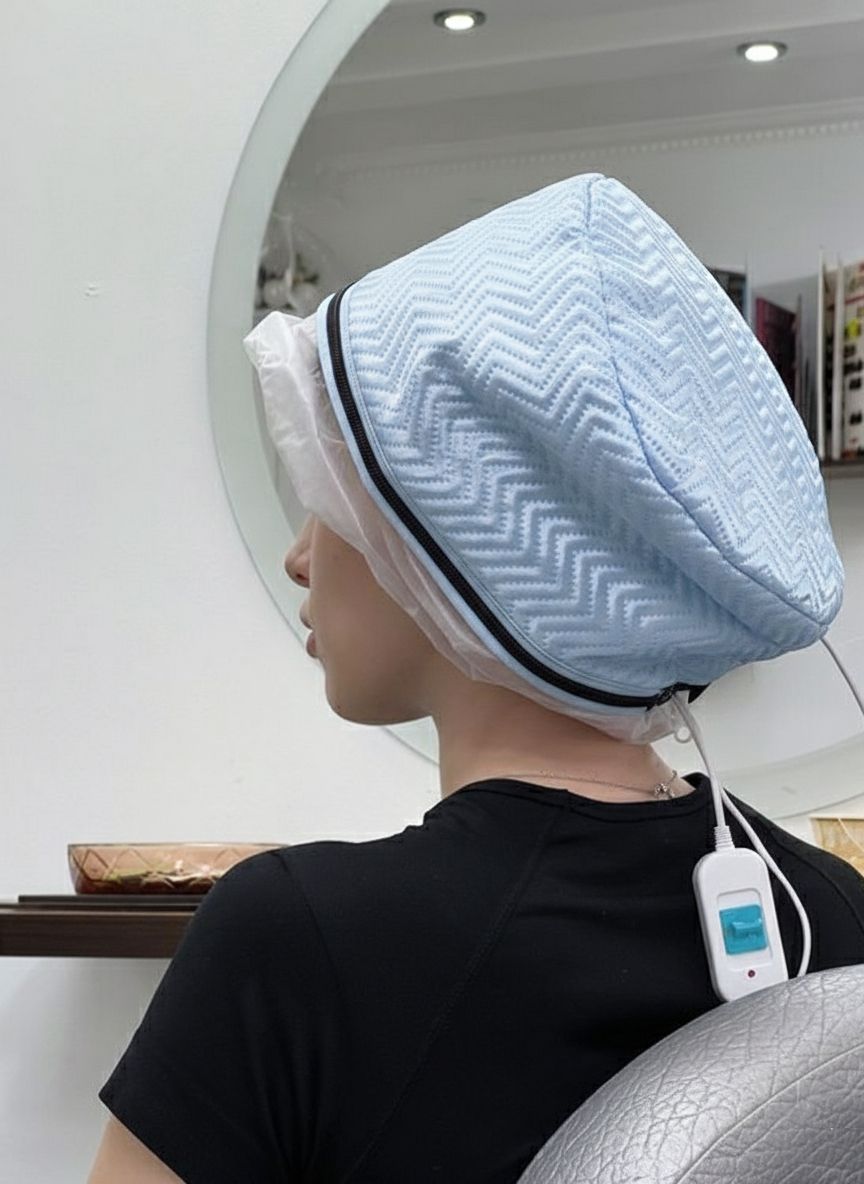 Person mit blauer elektrischer Dampfhaube für die Haarpflege, mit Kabel und Schalter.