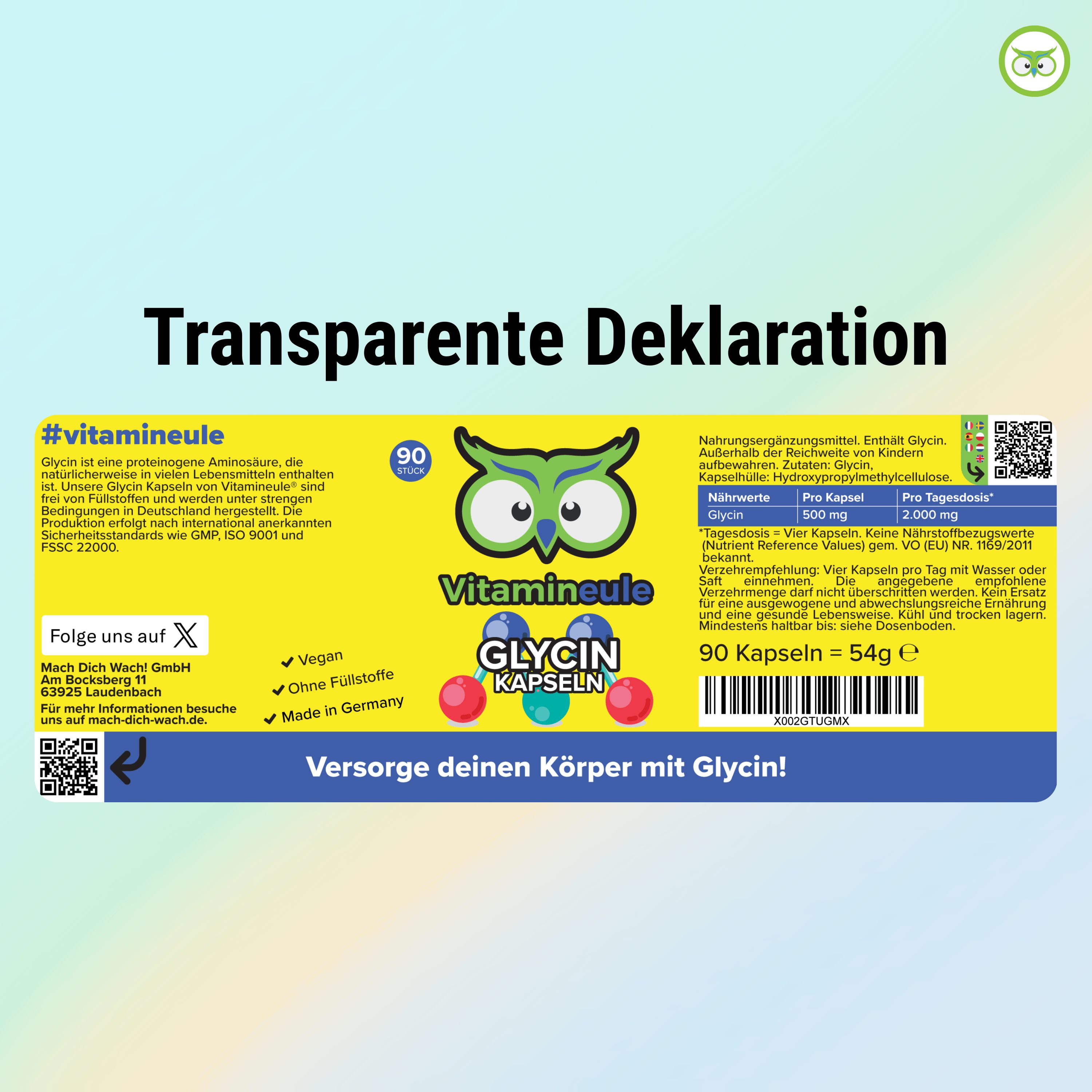 Etikett mit Text: #vitamineule, Glycin Kapseln, 90 Kapseln, 54g. Nährwertangaben. Zertifizierungen. Text: Versorge deinen Körper mit Glycin!