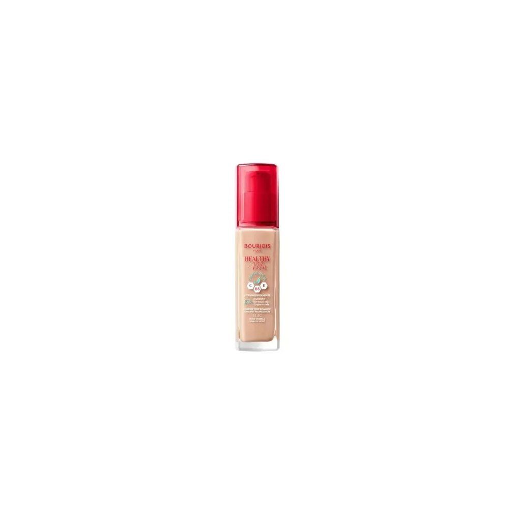 Bourjois Healthy Mix Foundation. Glasflasche mit rotem Deckel. Aufschrift: Healthy Mix, 515 Rose Vanilla.