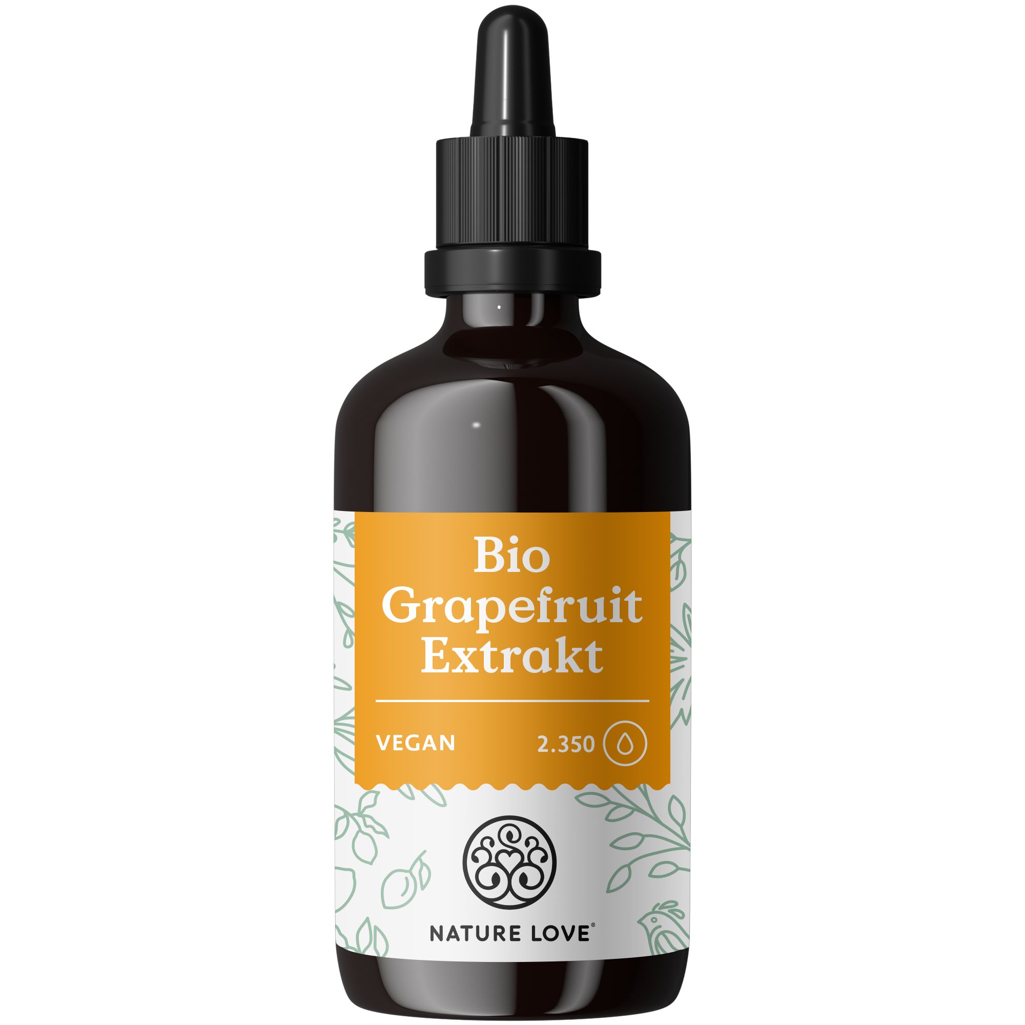 Braune Glasflasche mit schwarzem Deckel und Pipette. Etikett mit "Bio Grapefruit Extrakt", "Vegan" und Logo. Marke: NATURE LOVE®.