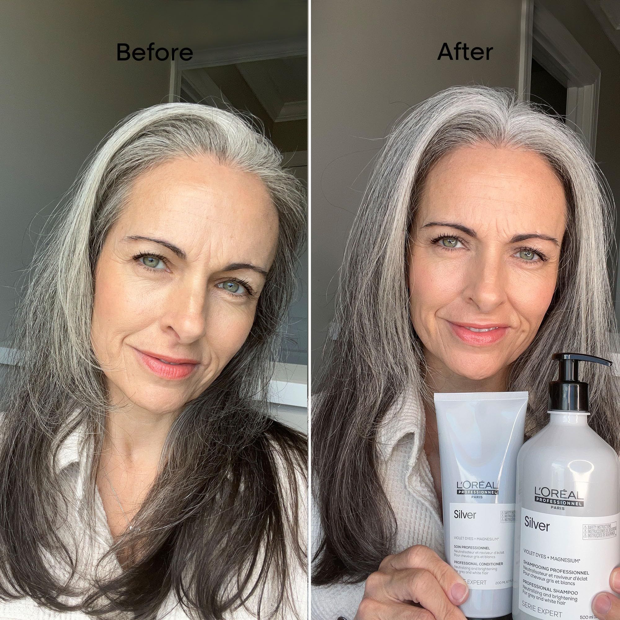 Vergleich von grauem Haar vor und nach der Anwendung von L'Oréal Silver Shampoo und Conditioner. Deutliche Verbesserung.