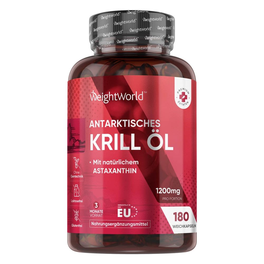 Braune Flasche mit Krill Öl. 1200mg pro Portion. 180 Weichkapseln. EU-Siegel. Mit Astaxanthin. Nahrungsergänzungsmittel.