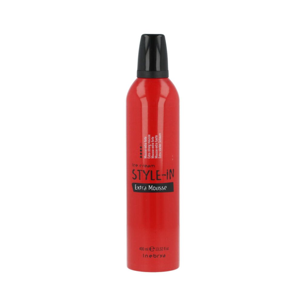 Rote Sprühflasche mit schwarzem Deckel. Aufschrift: Style-In Extra Mousse. Inebrya-Logo.
