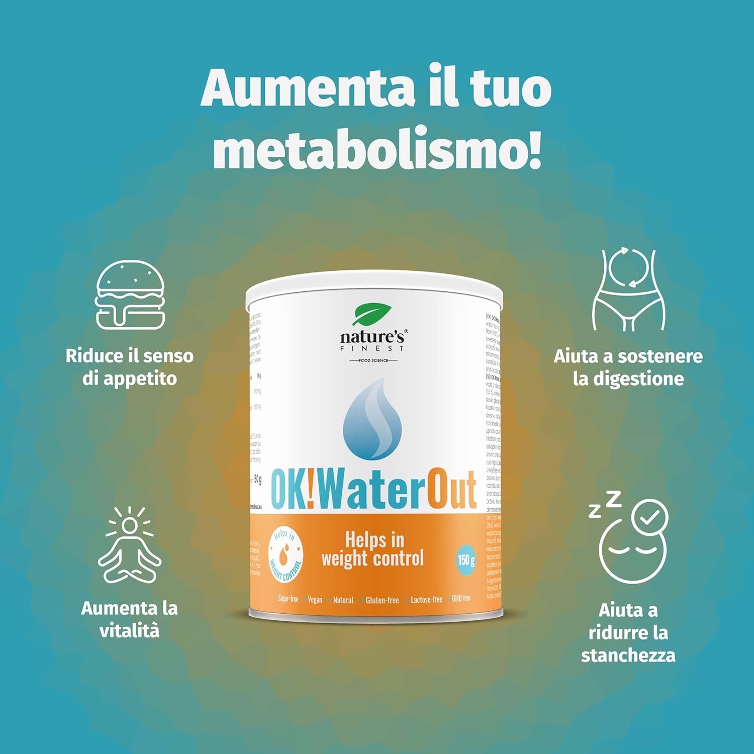 OK!WaterOut-Dose mit Informationen. Grafiken mit Produktvorteilen. Blauer Hintergrund.